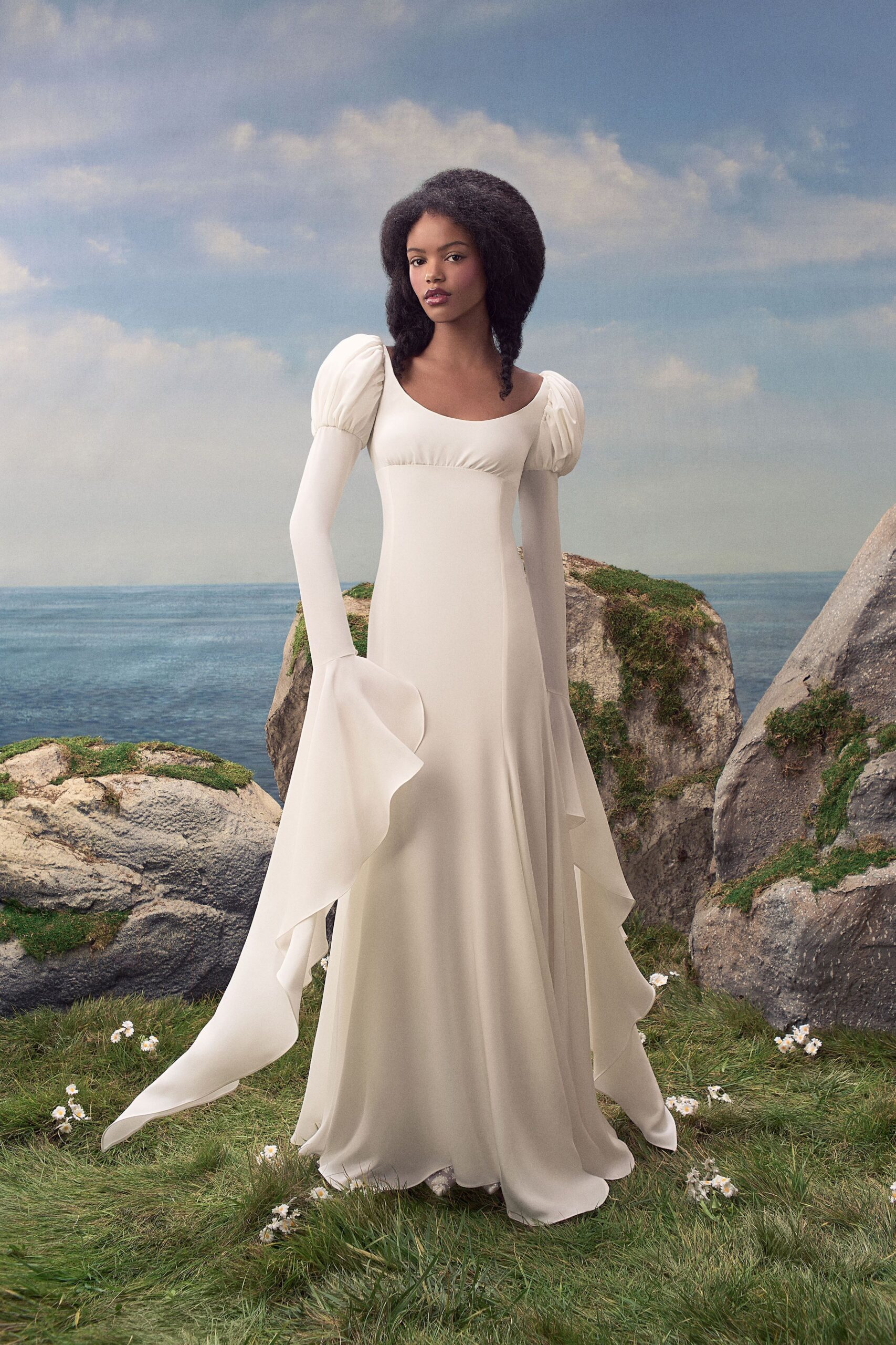 ivory empire-waist puff-sleeve gown