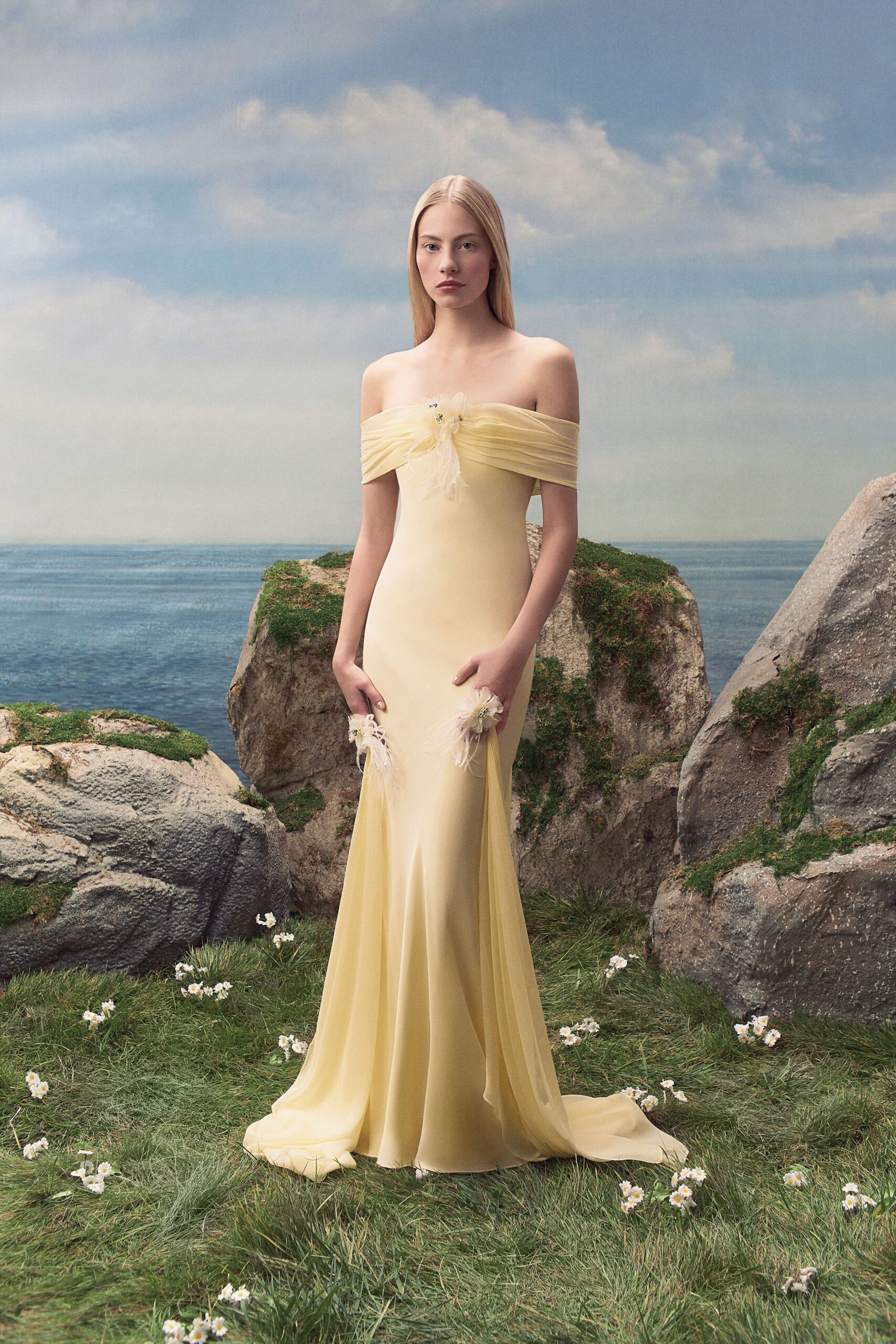 butter yellow off-shoulder mermaid gown