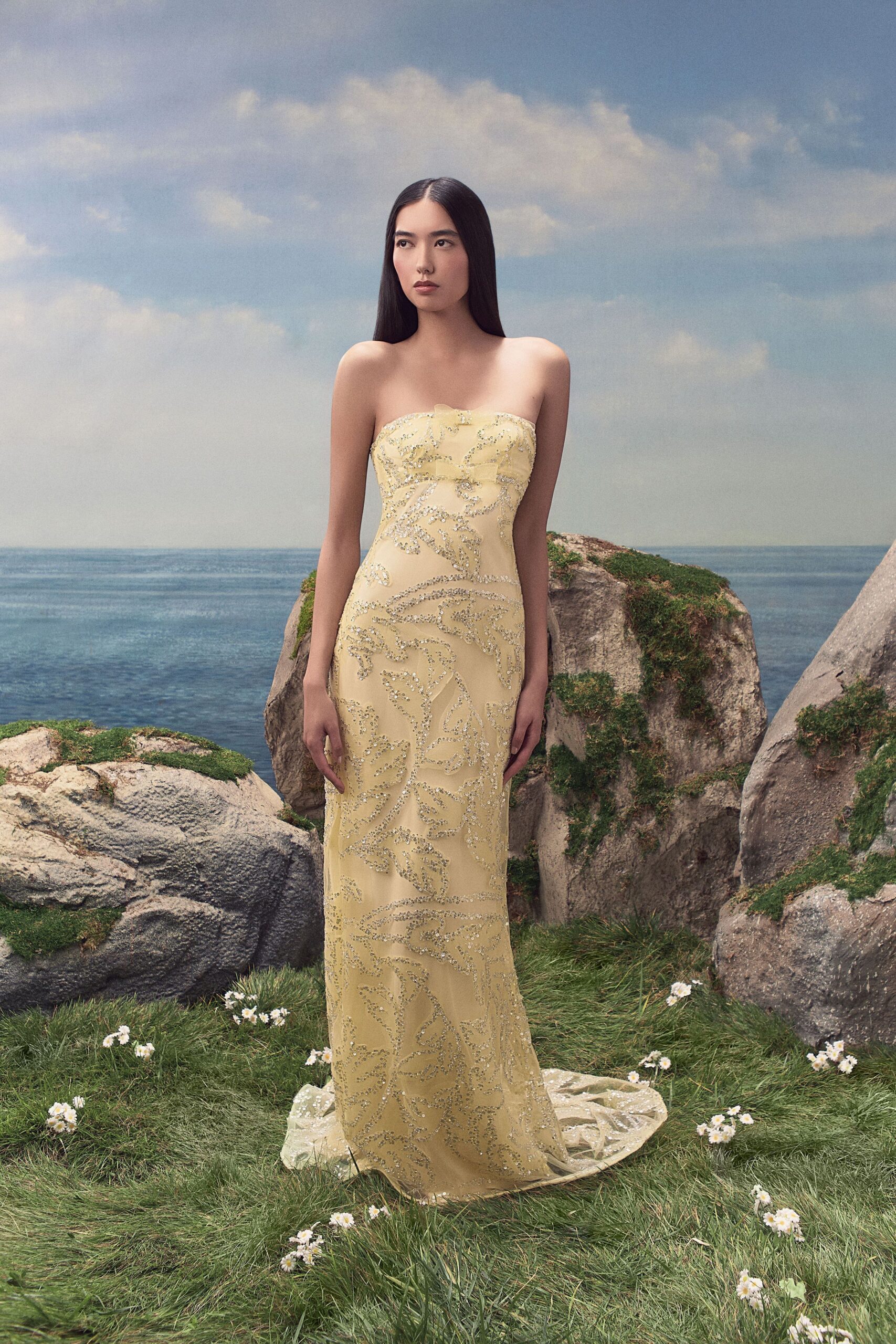 strapless sequined evening gown