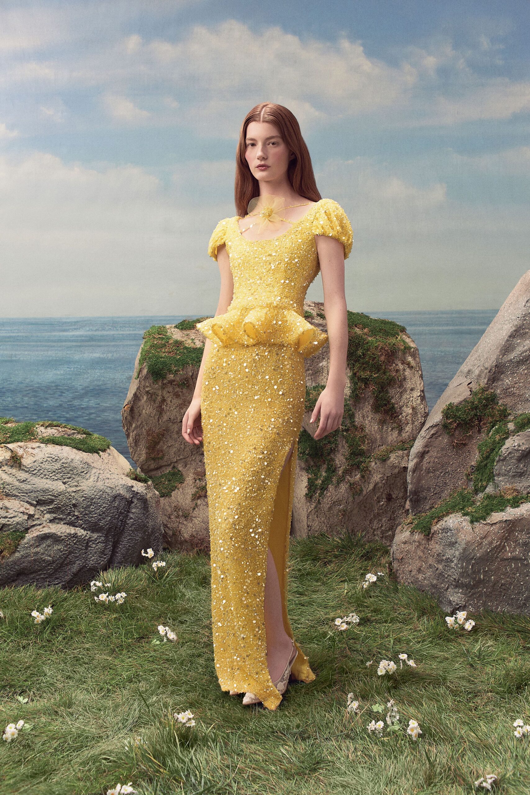 yellow sequined peplum evening gown