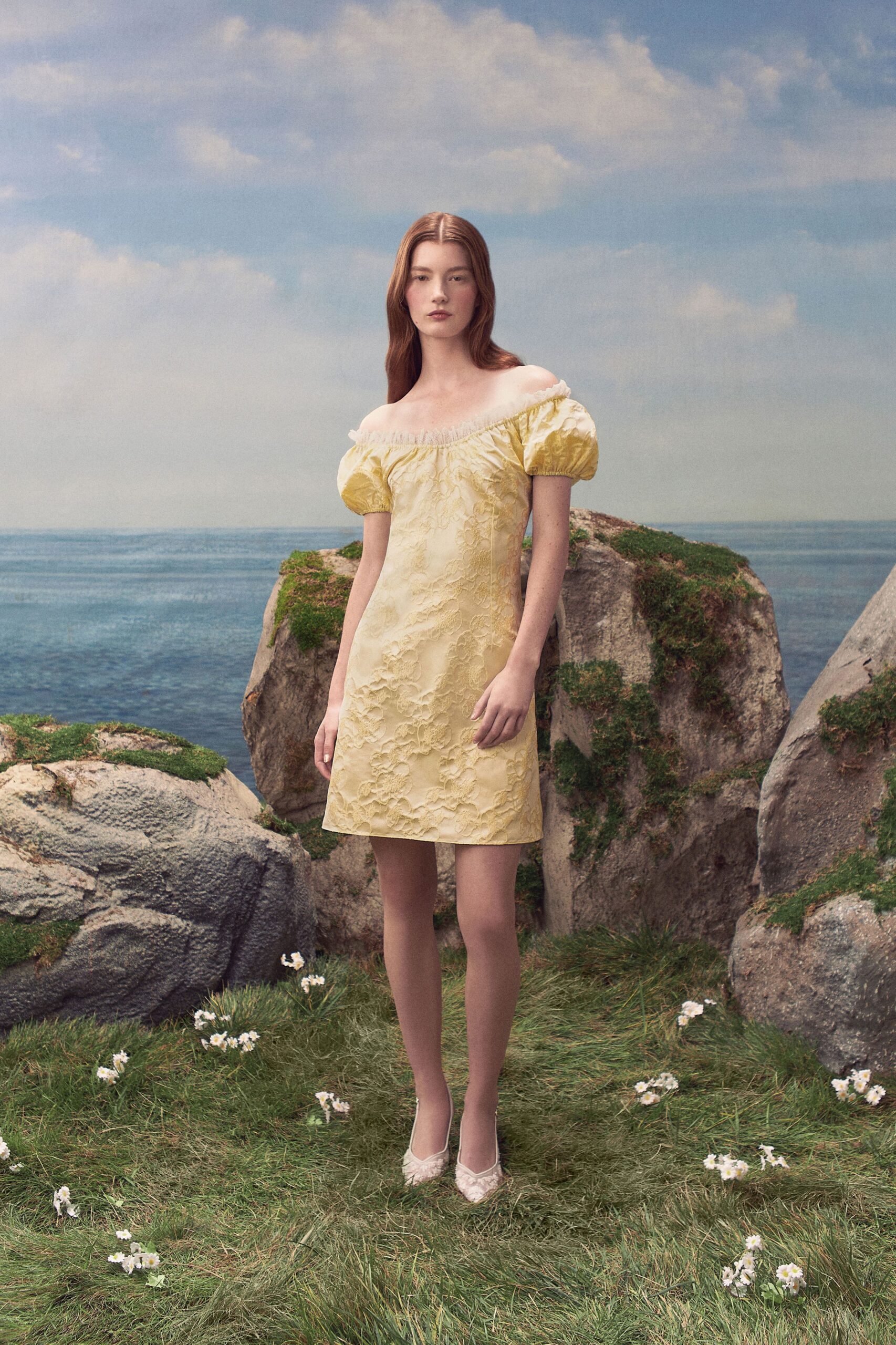 off-shoulder floral brocade mini dress
