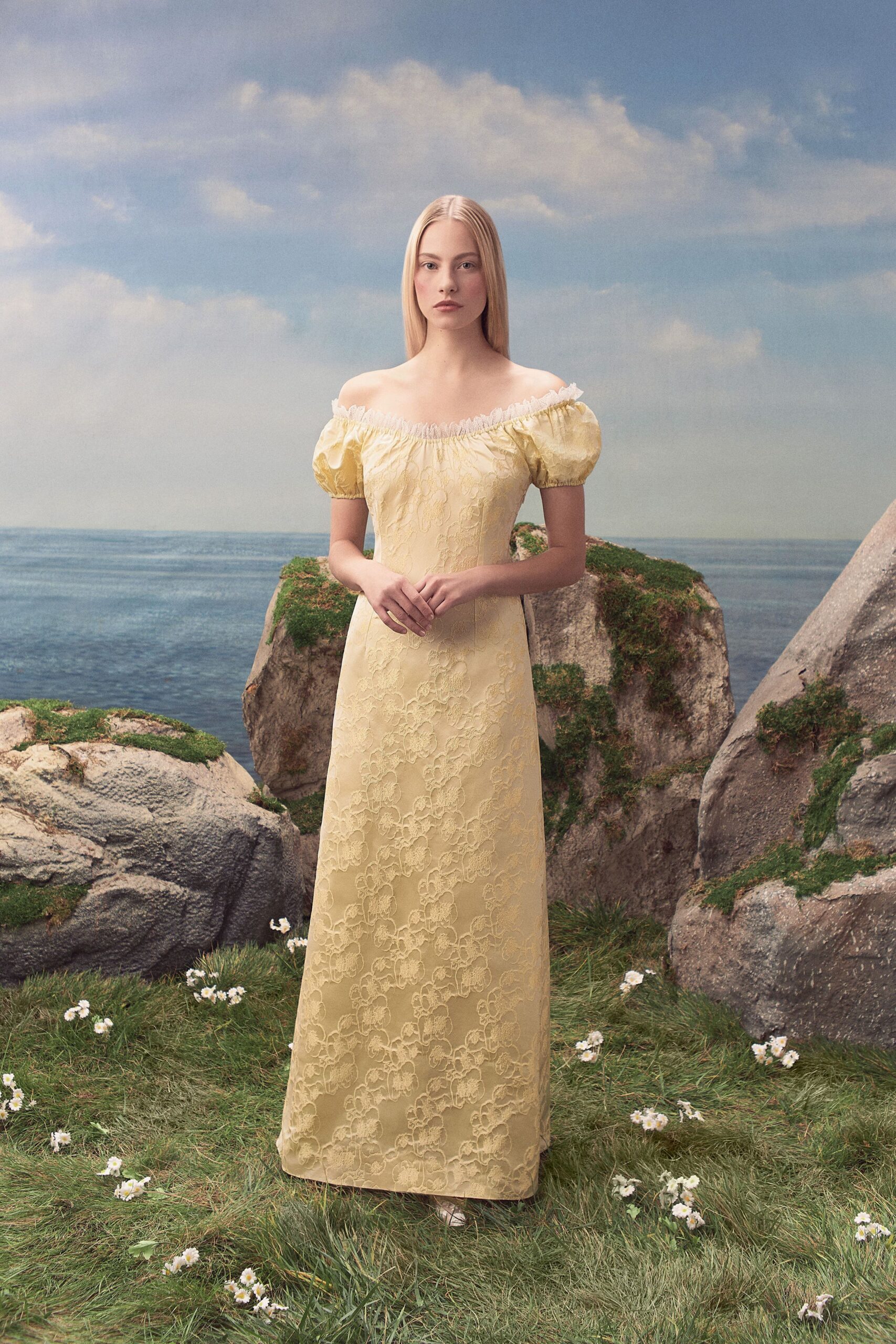 off-shoulder floral brocade evening gown