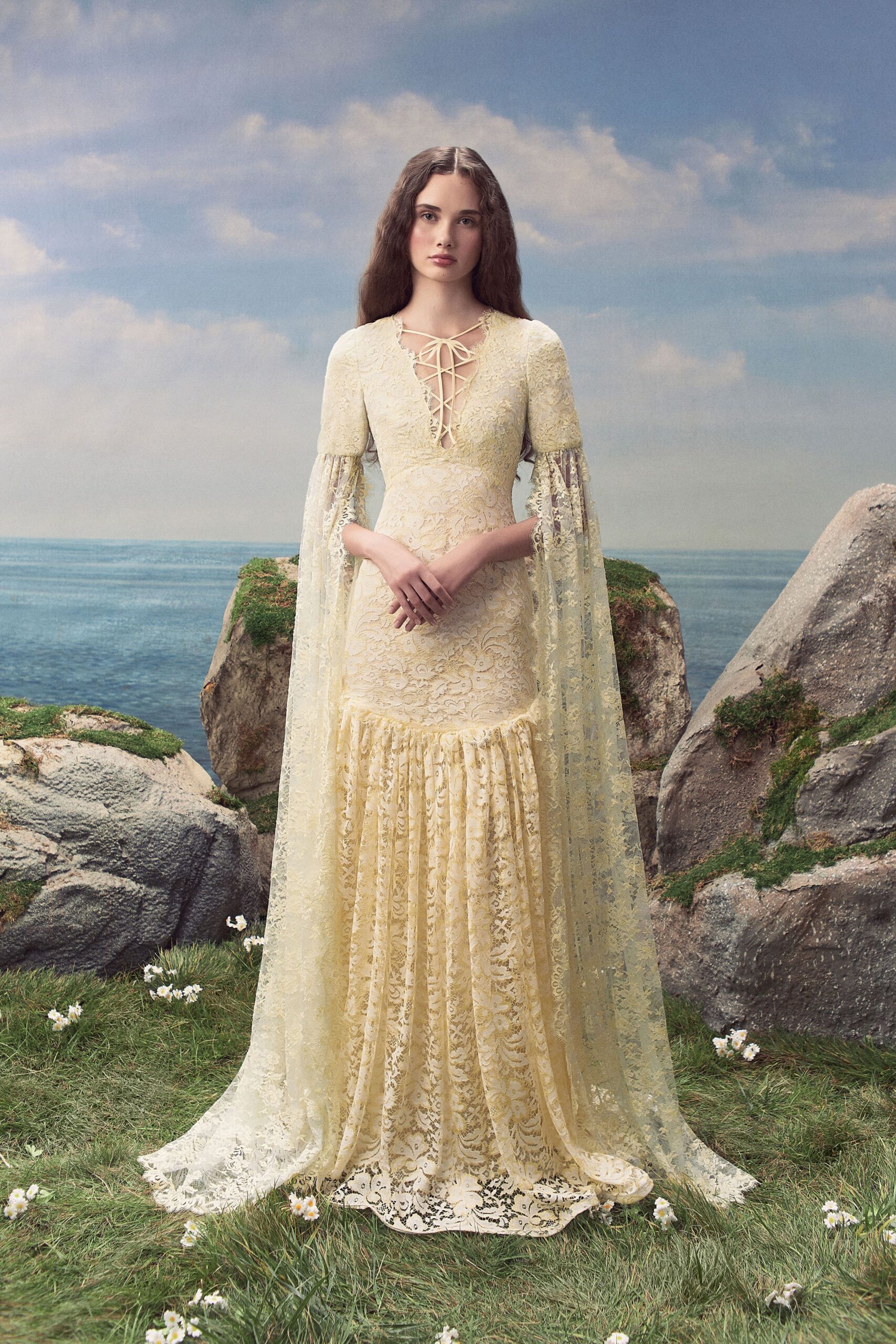 ivory lace cape-sleeve gown