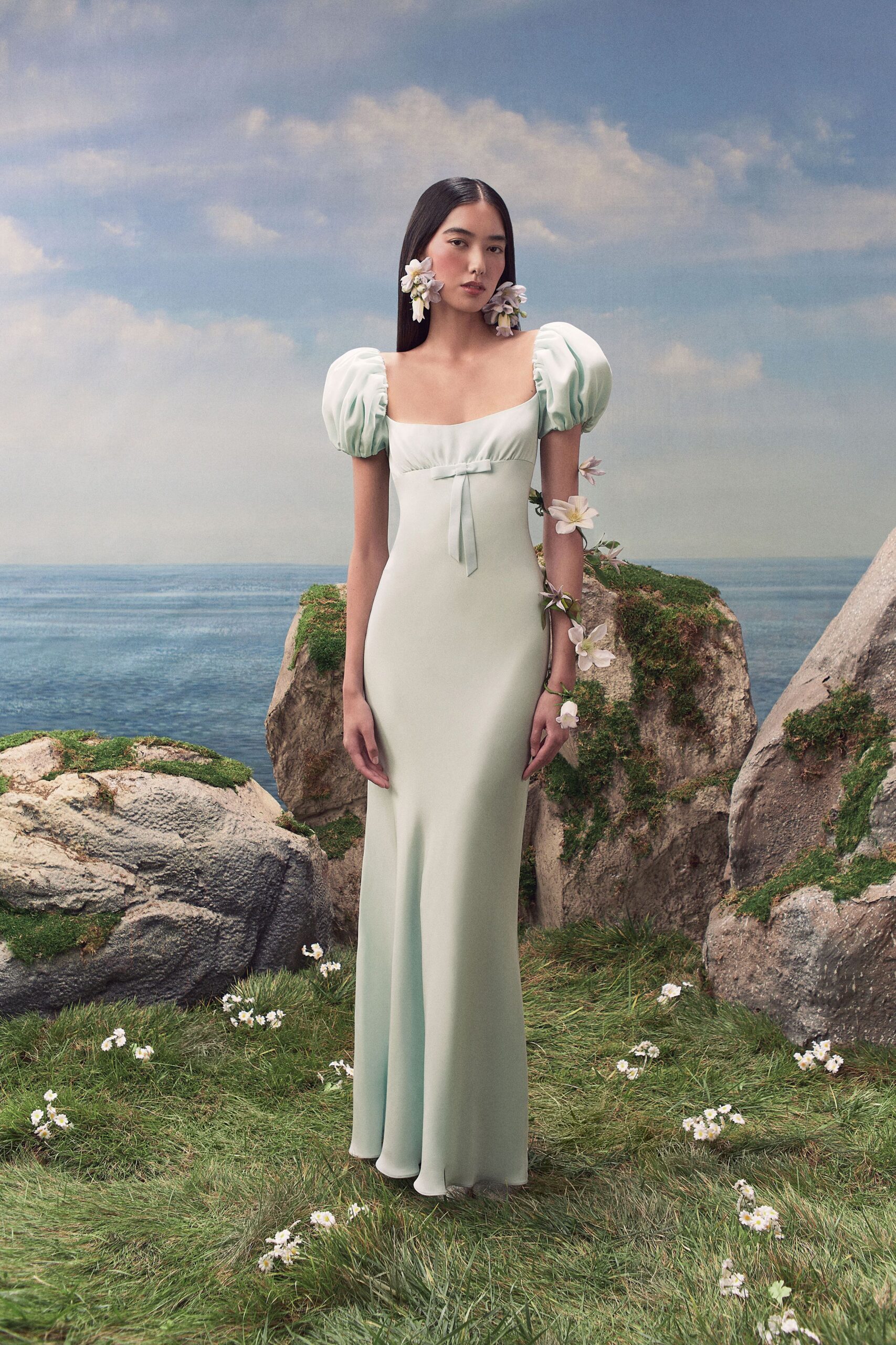 mint puff-sleeve evening gown