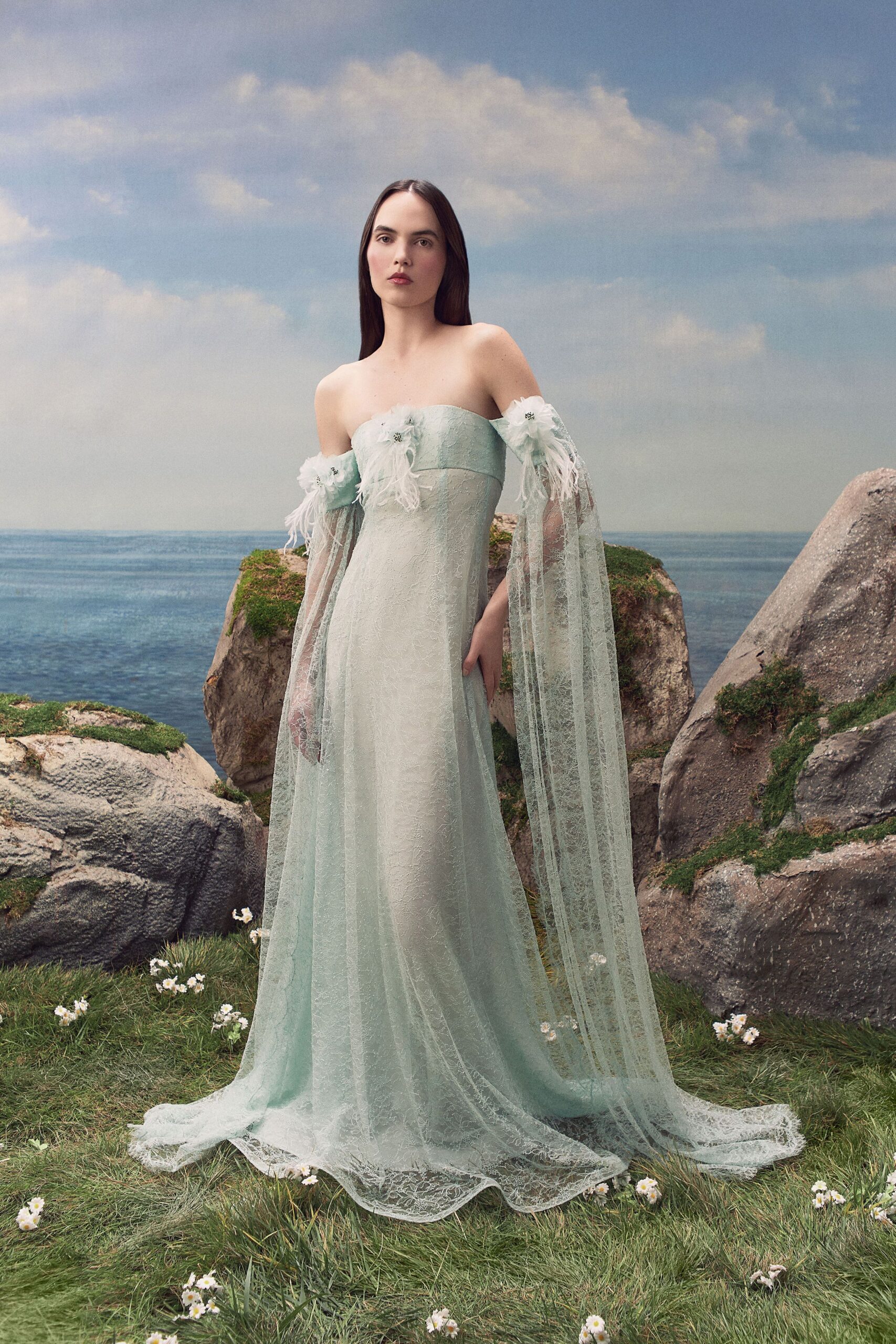strapless lace bridal gown with cape sleeves