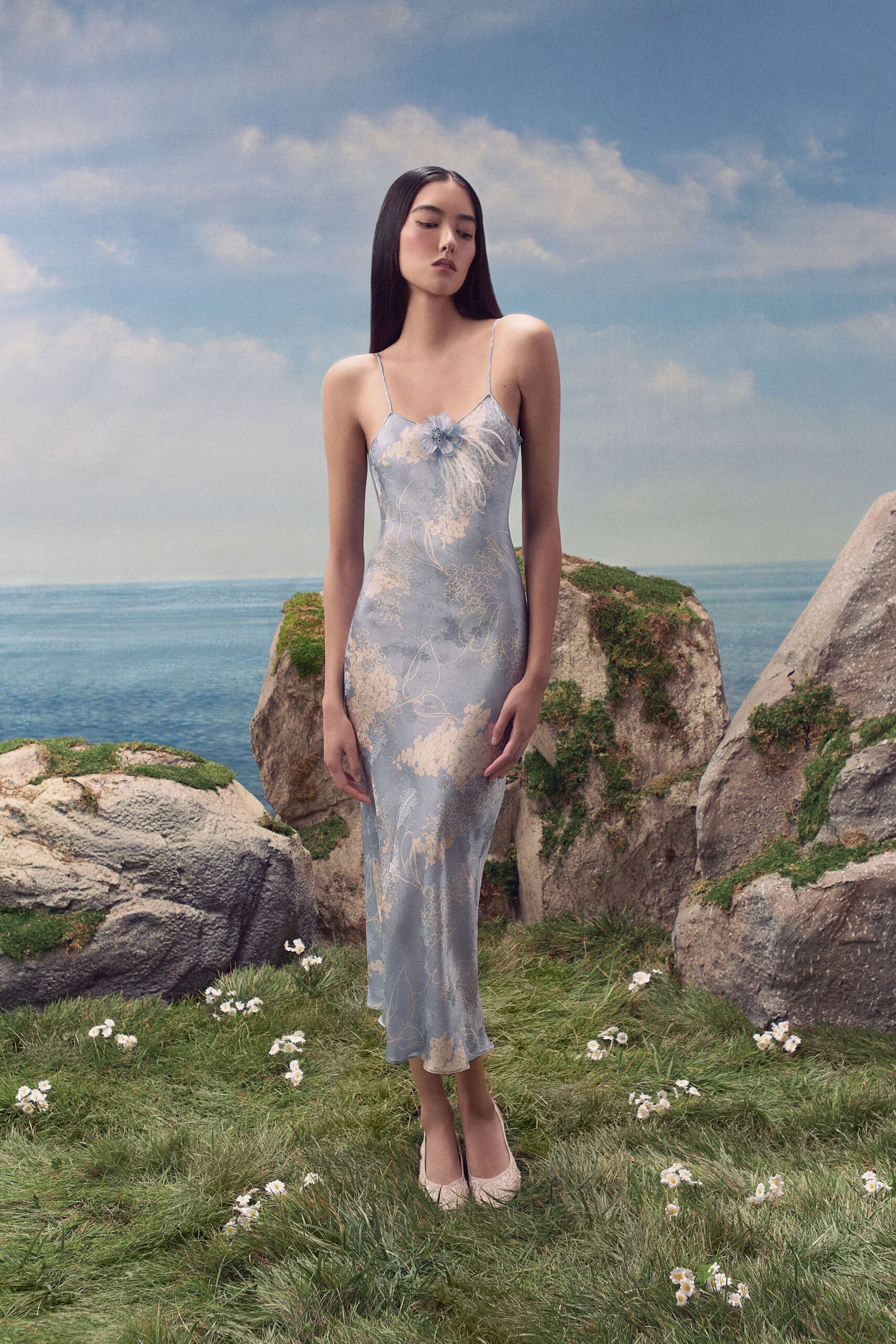 blue floral satin slip dress