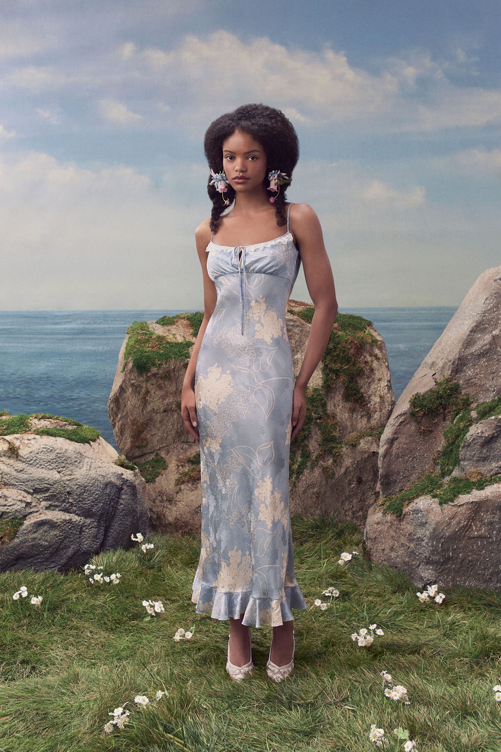 blue floral satin slip dress