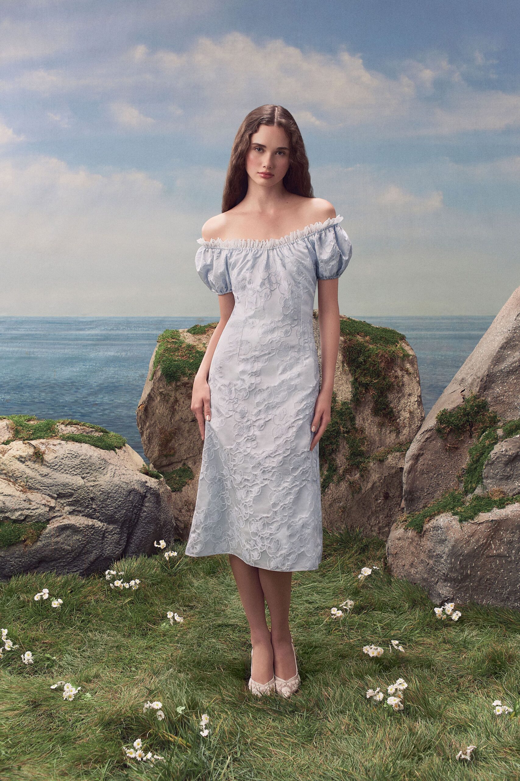 off-shoulder floral jacquard midi dress