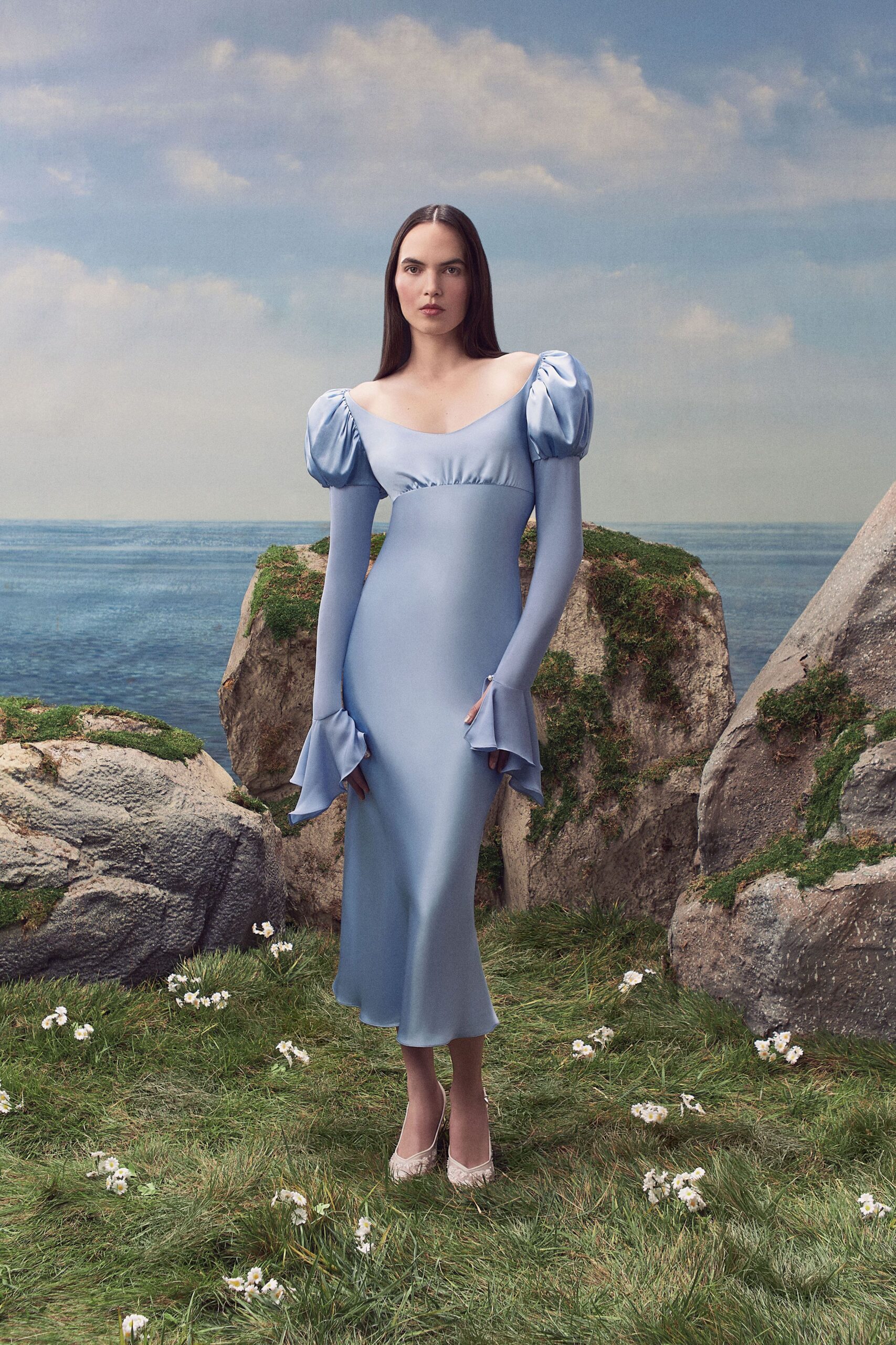 powder blue puff-sleeve evening gown