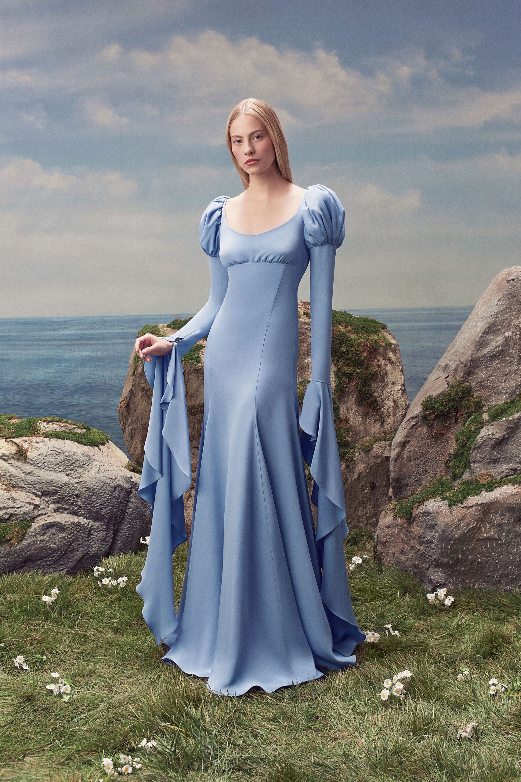 powder blue puff-sleeve evening gown