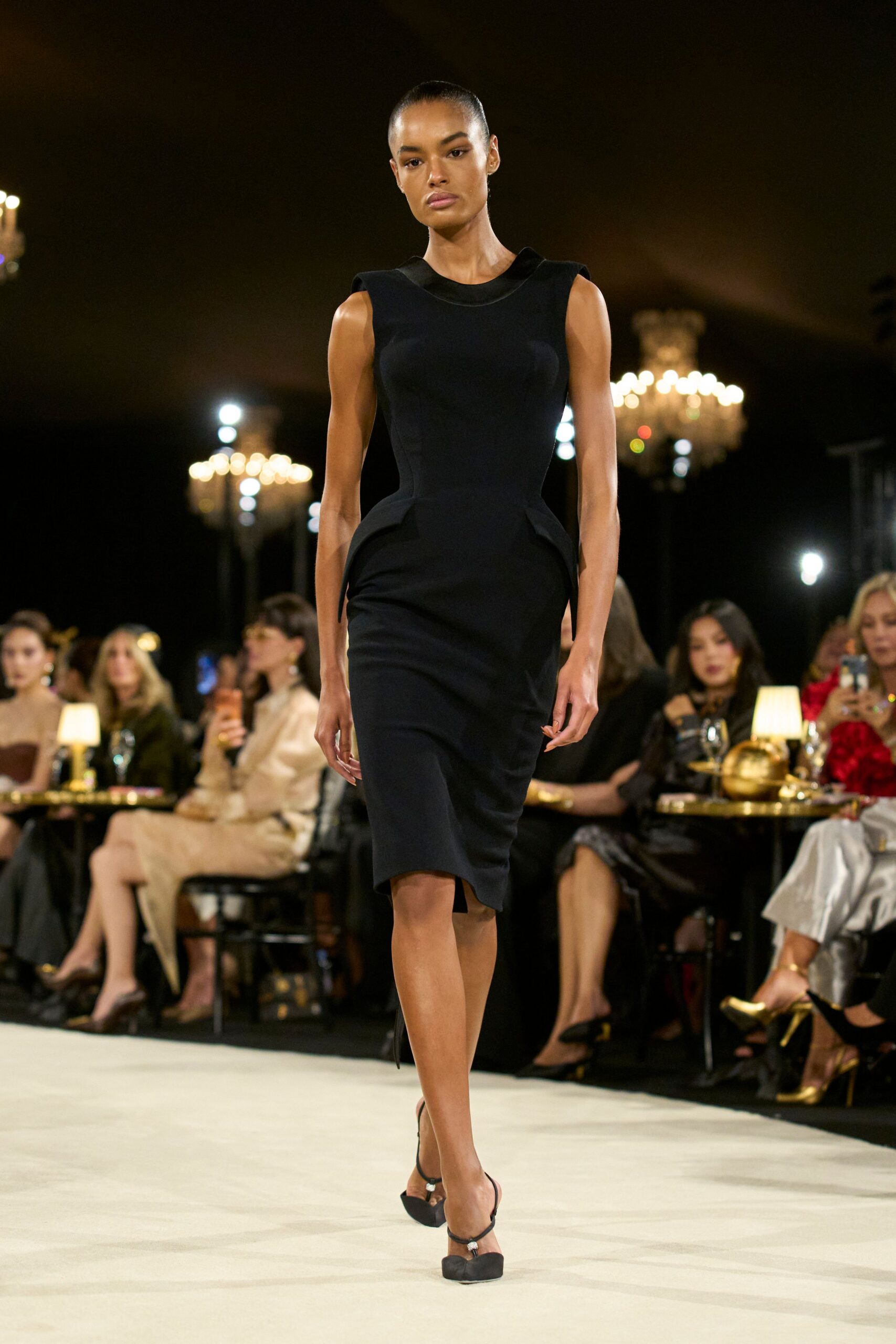 black sculpted peplum midi dress