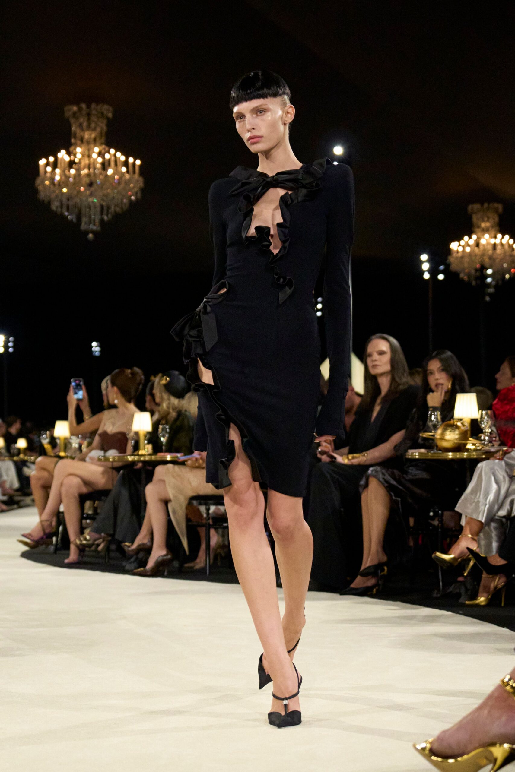 black jersey long-sleeve high-neck fitted ruffled bow dress