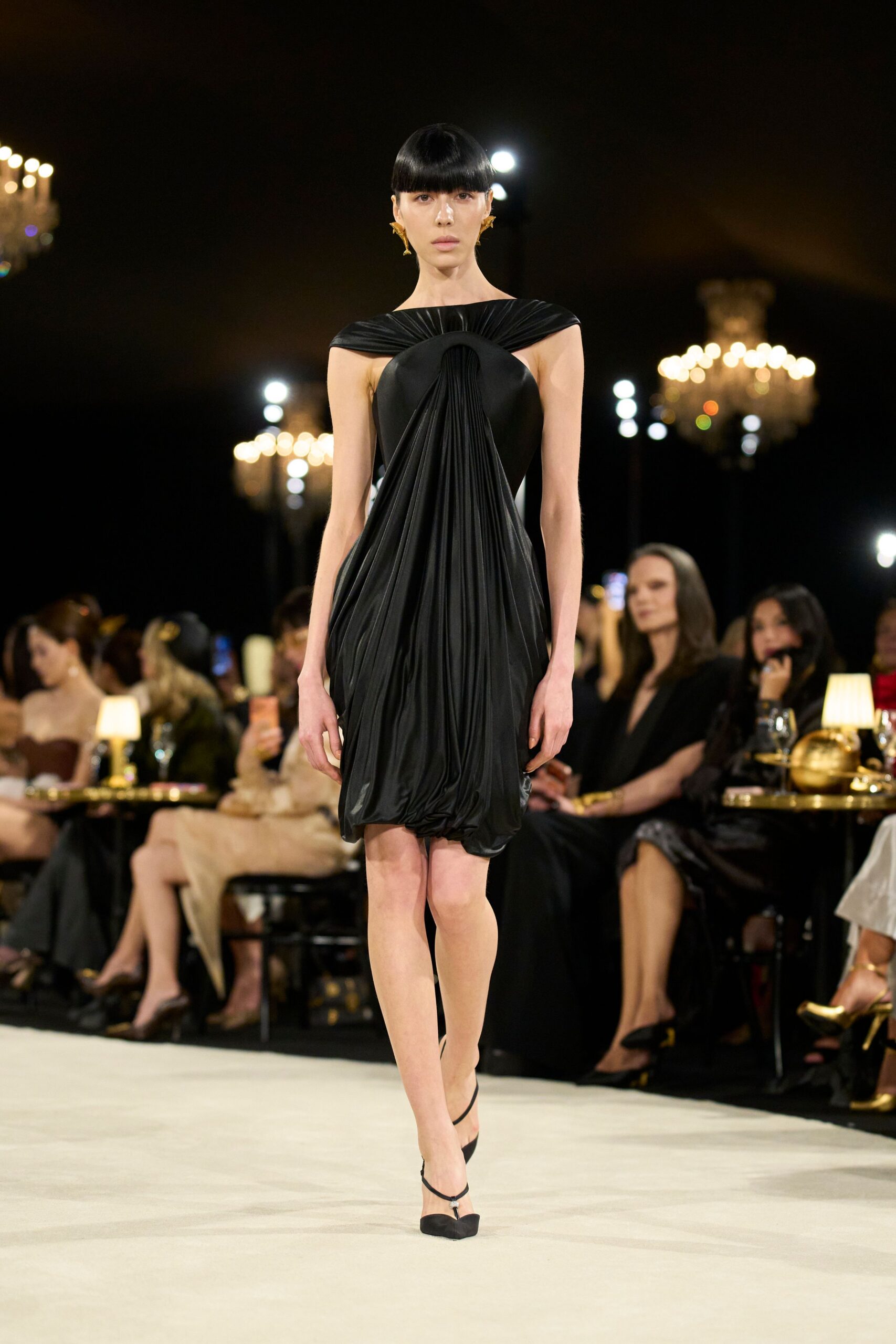 black pleated cocoon mini dress