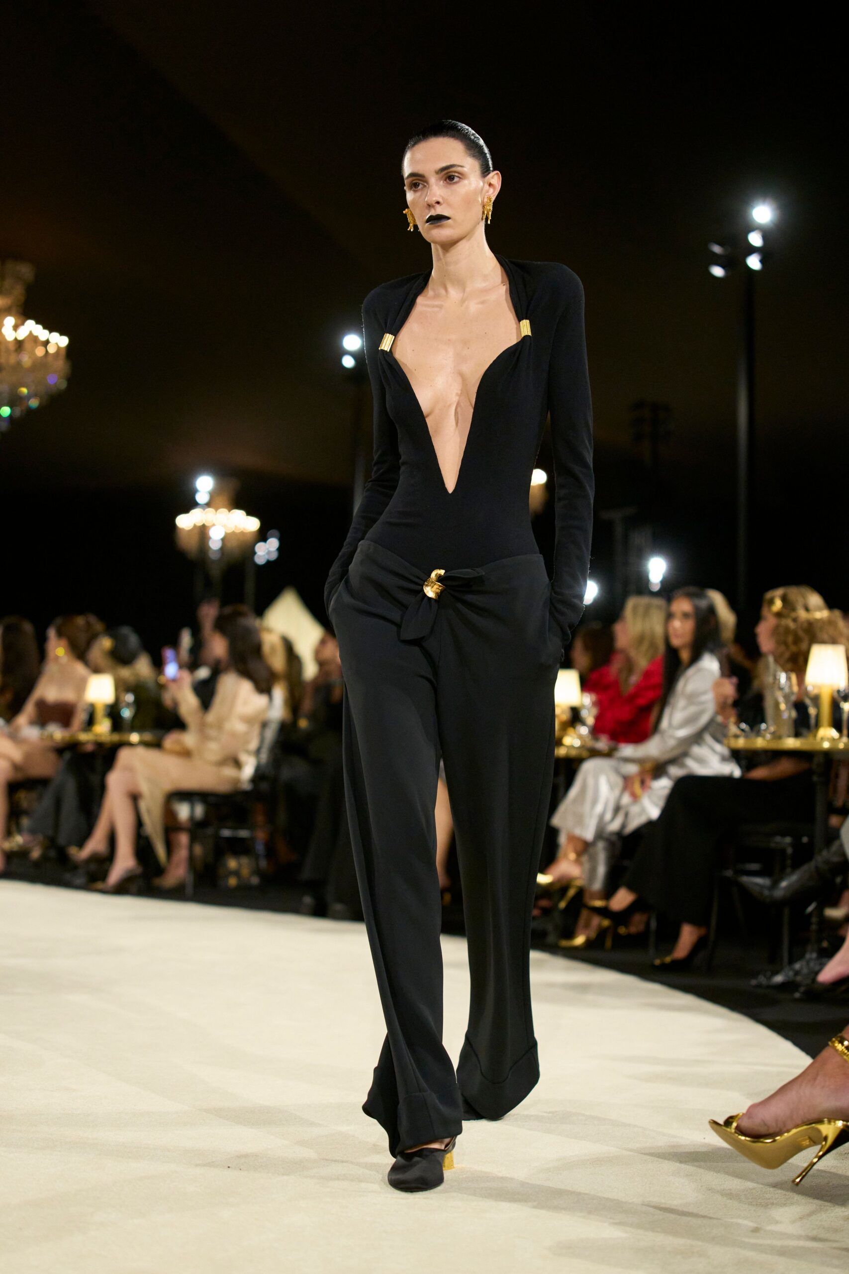 plunging black jumpsuit with sash trousers