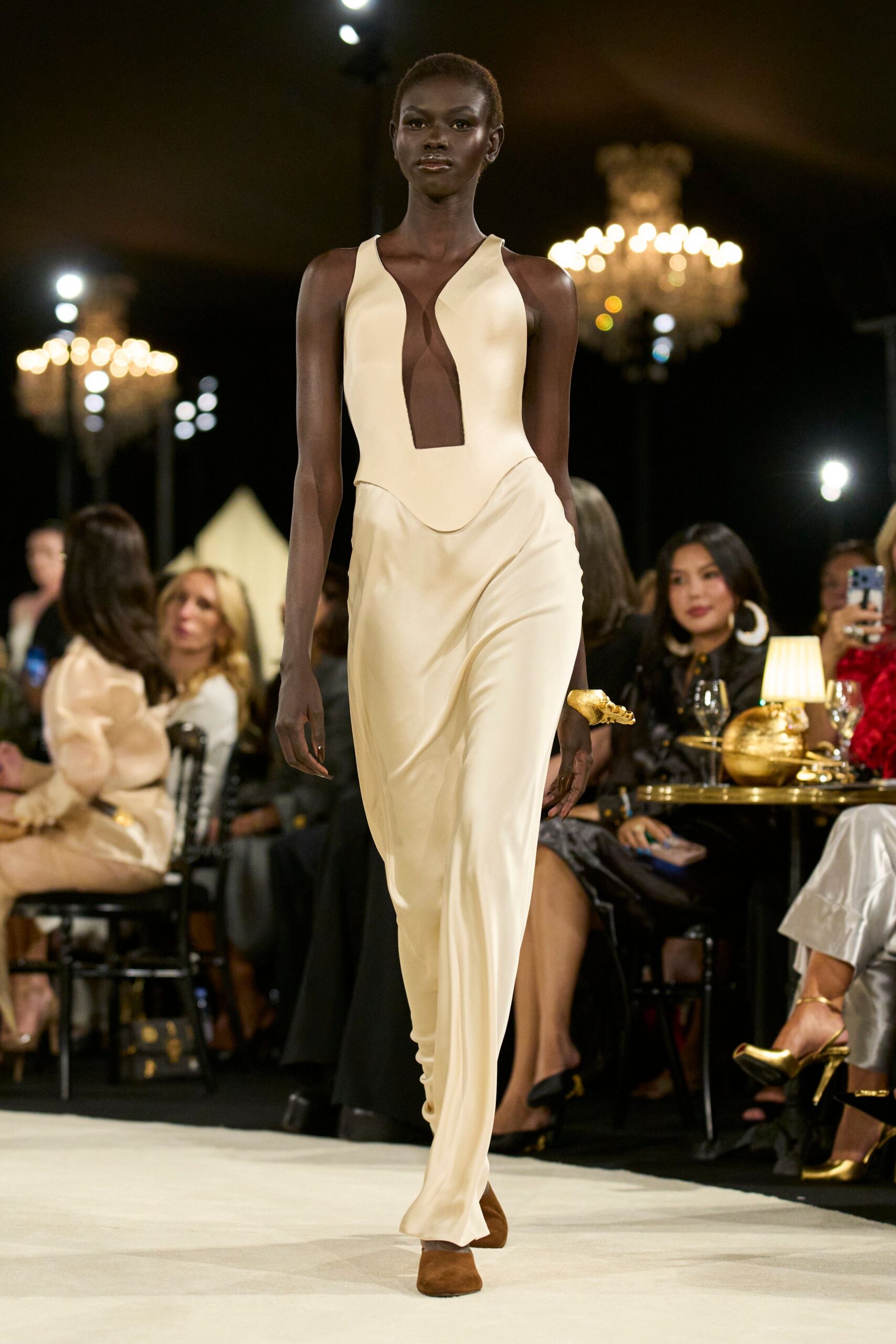 ivory illusion plunge satin gown