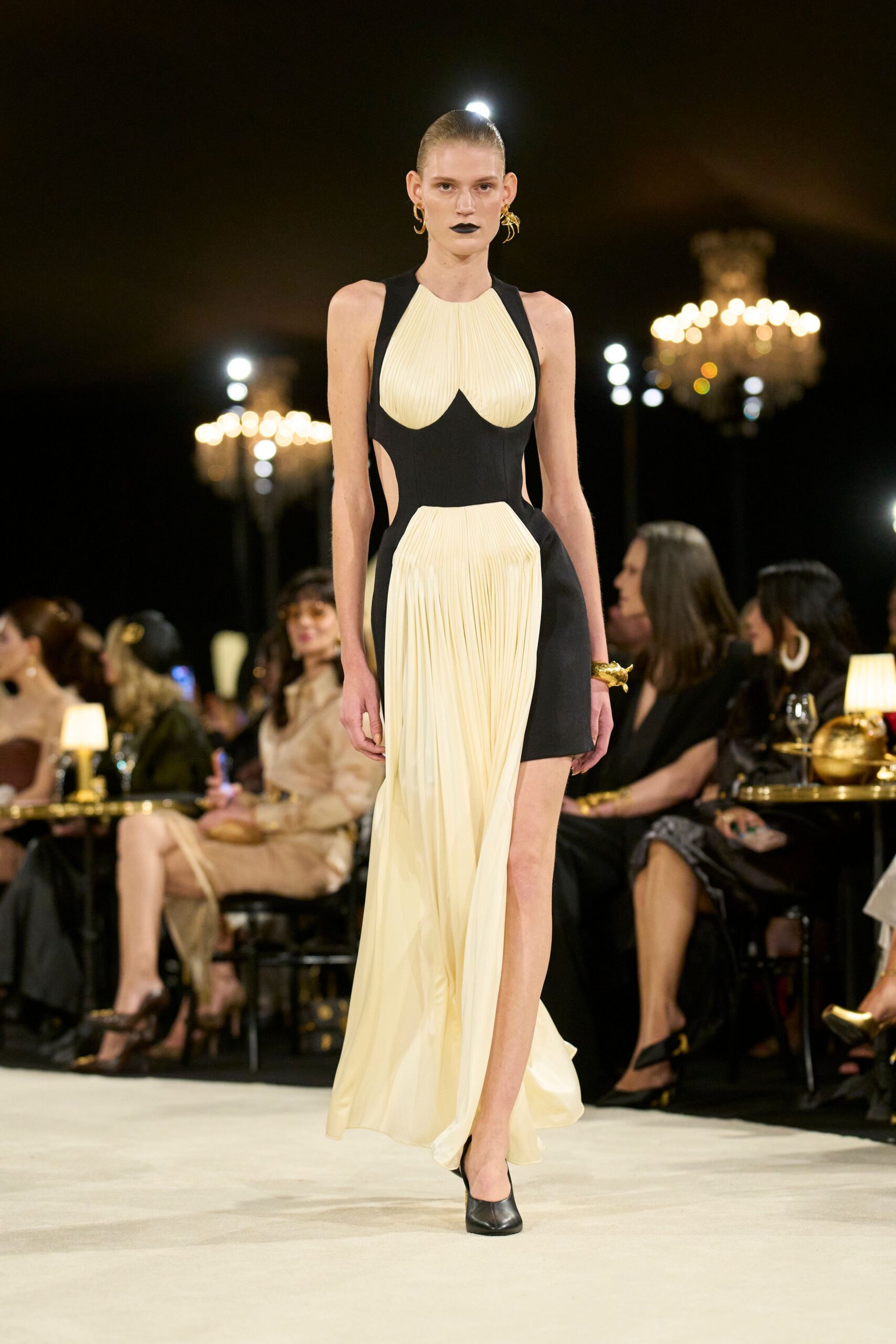 cutout pleated halter evening gown
