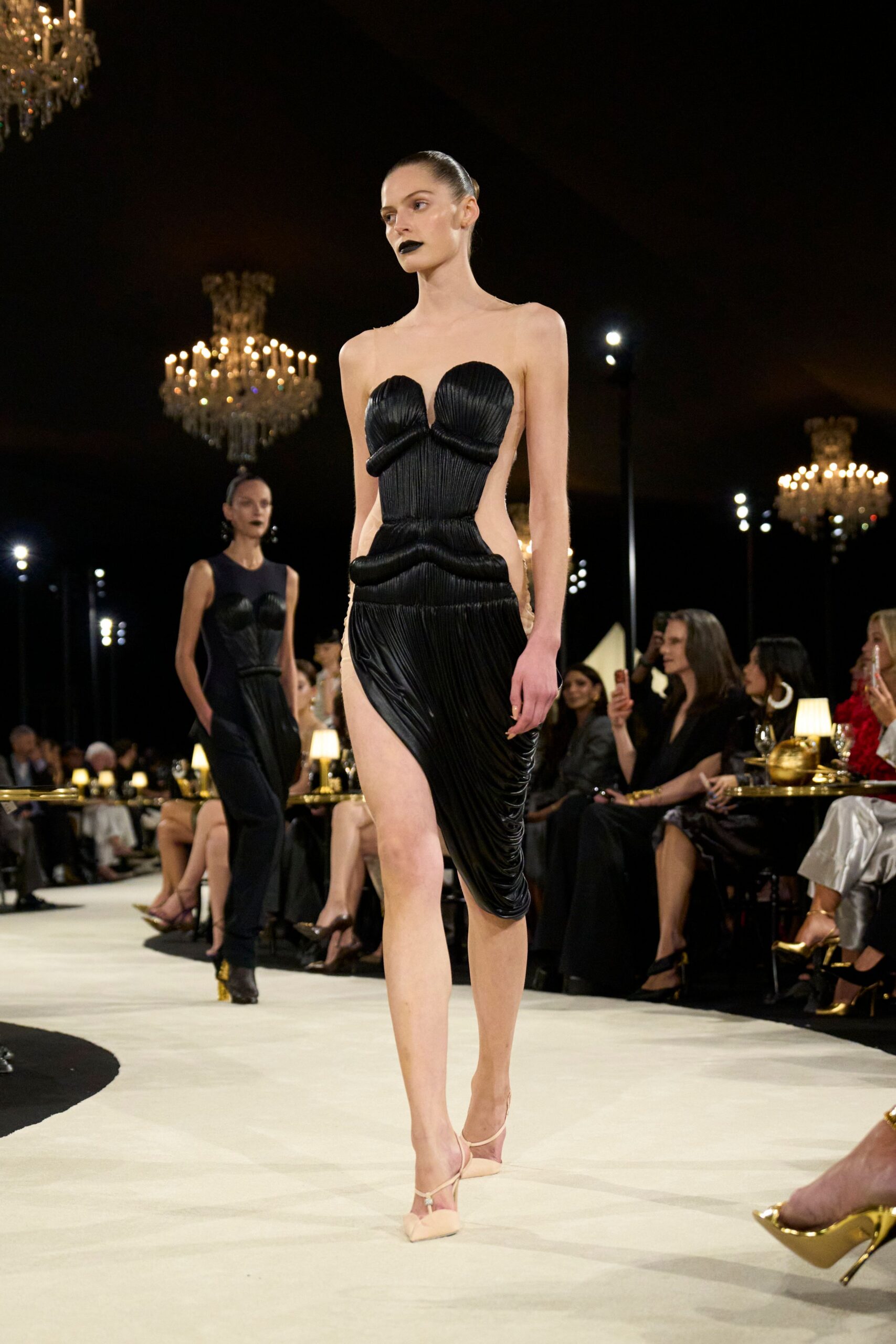 black strapless cutout fitted ruched draped textured dress