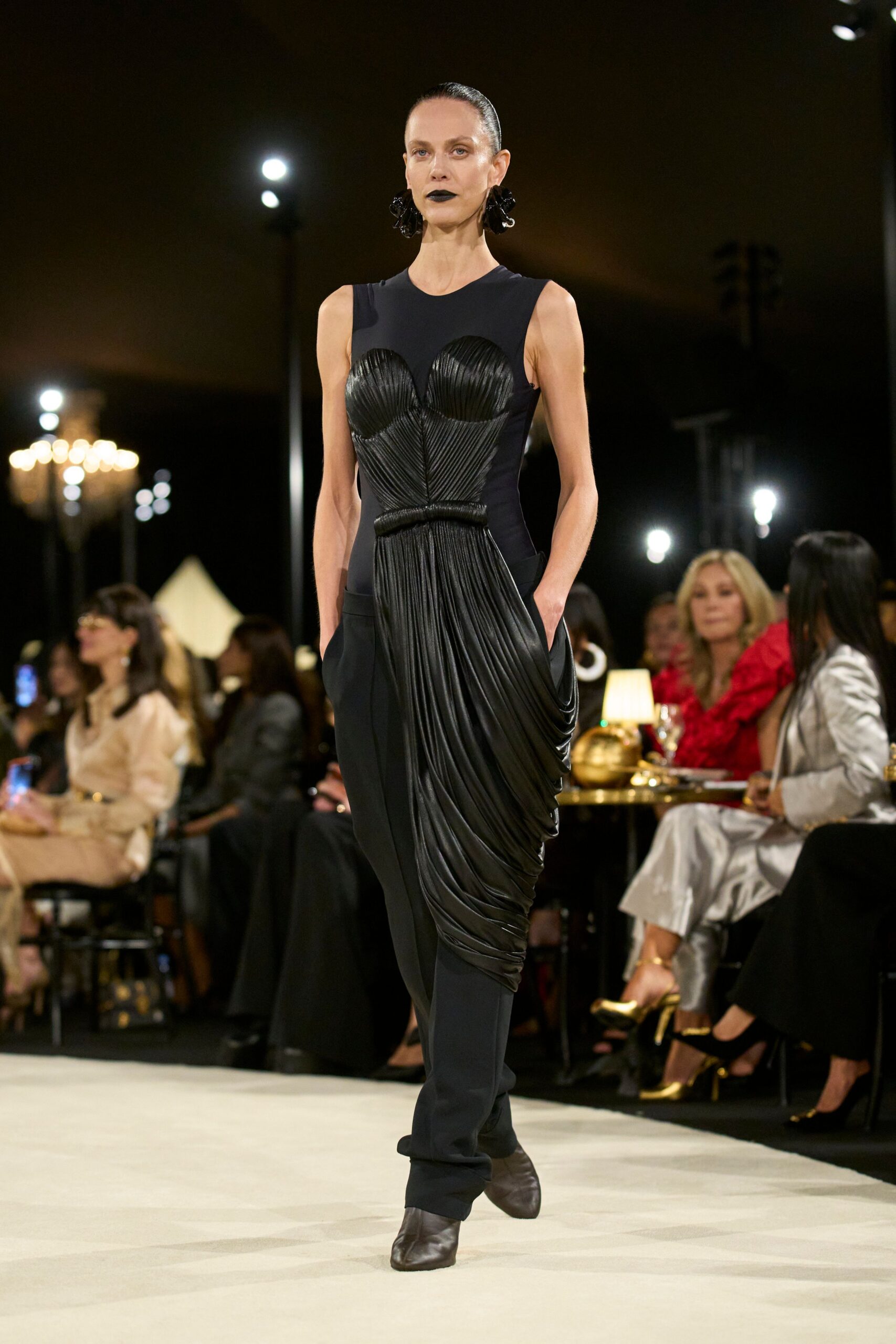 black pleated corset-bodice jumpsuit