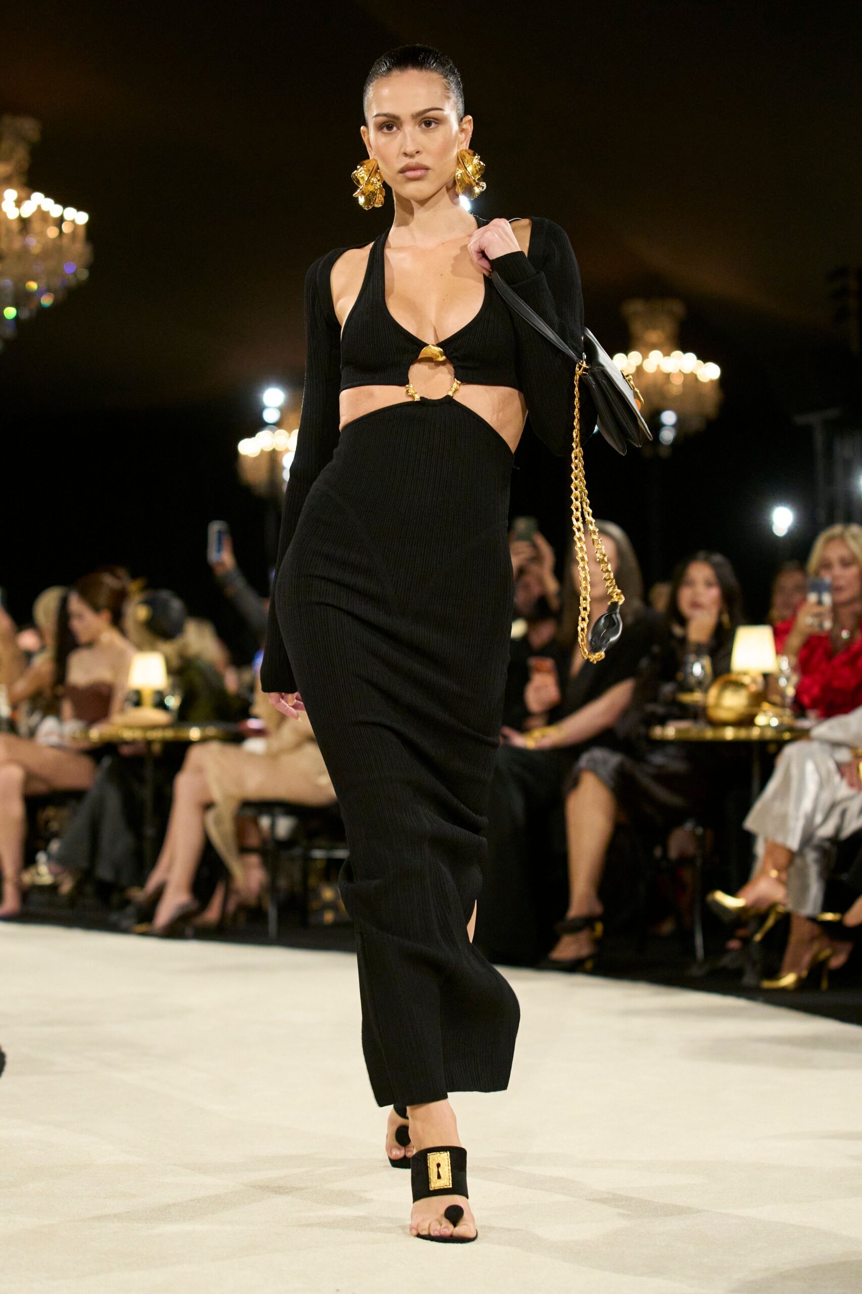 black cutout ring-link knit maxi dress