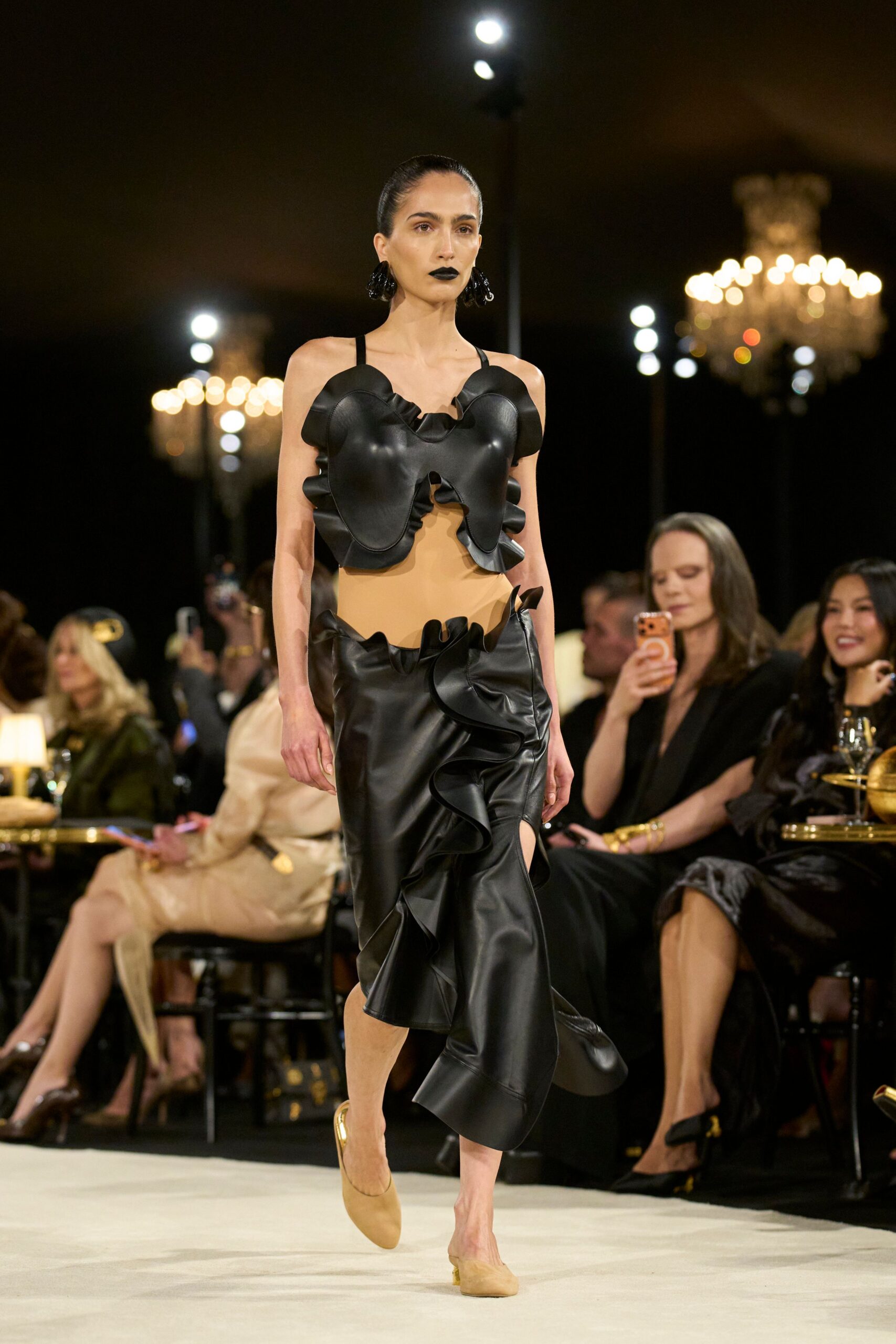 black leather spaghetti-strap cutout fitted ruffled dress