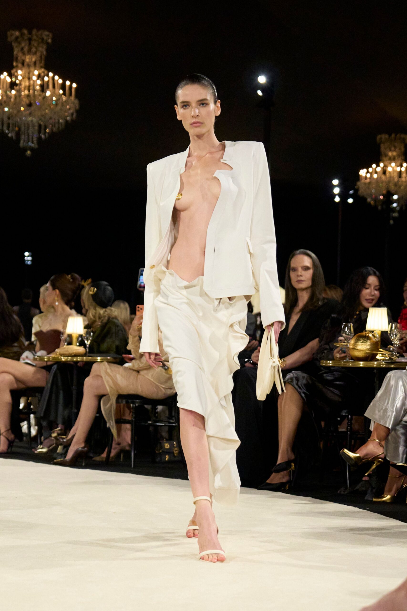 ivory cutaway blazer and ruffle skirt