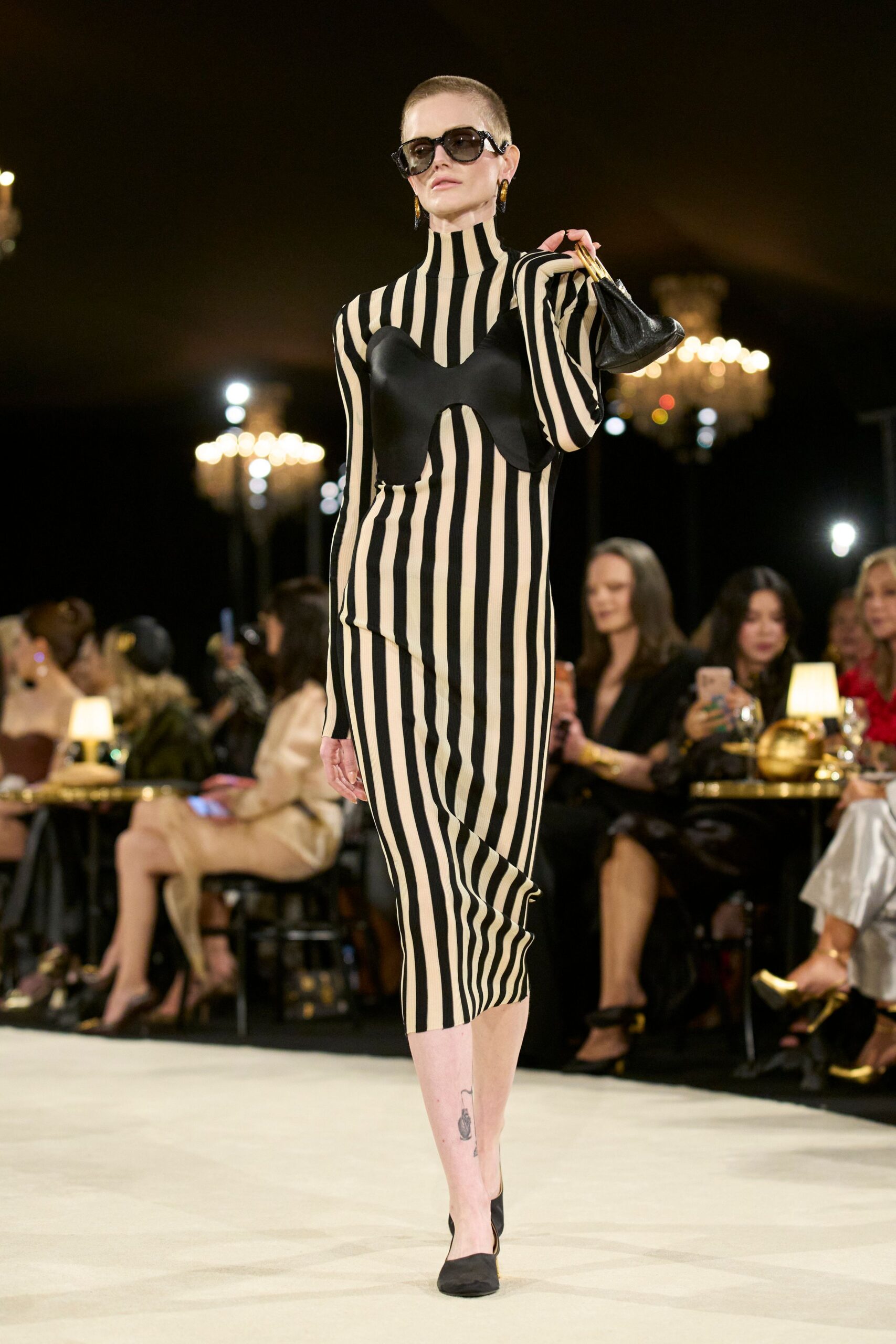 striped turtleneck knit column dress