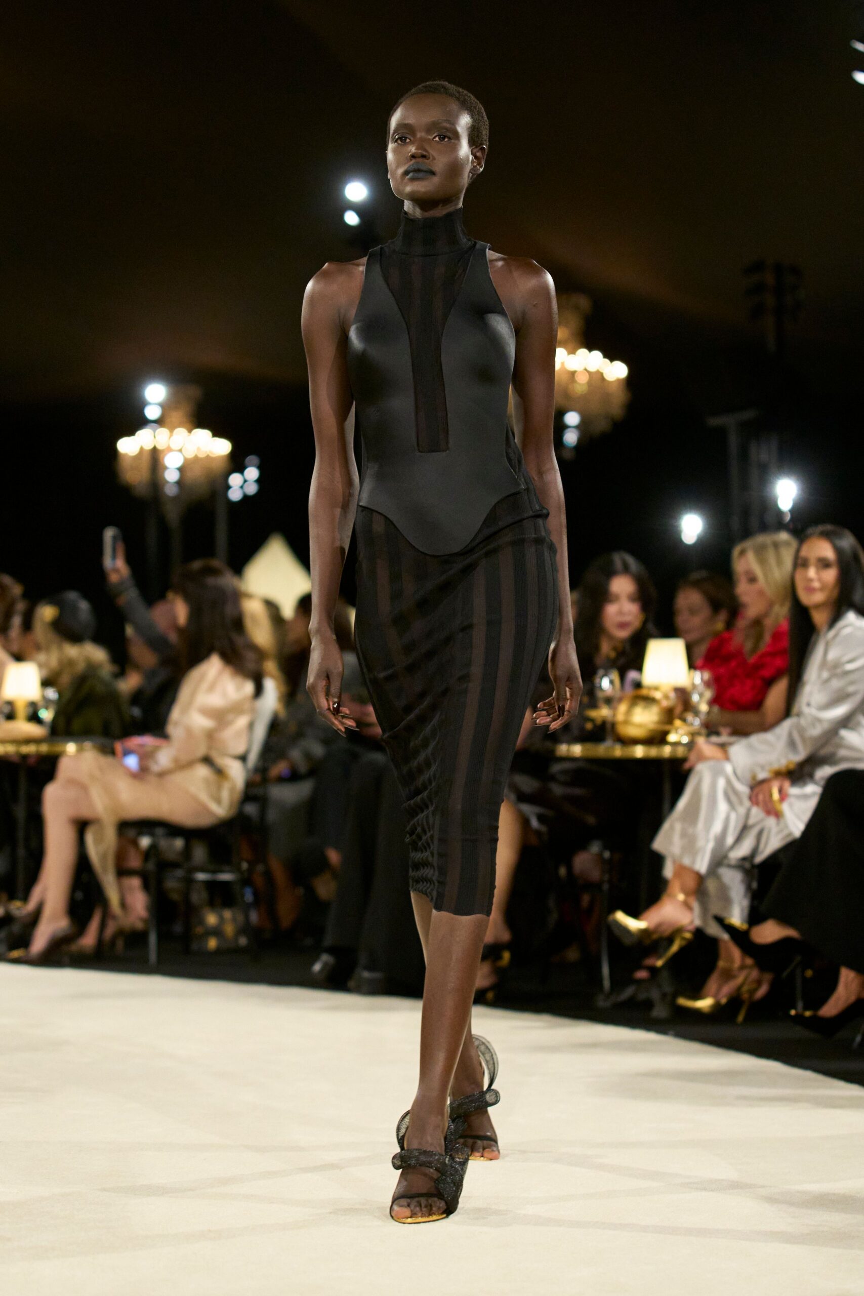 black mesh sleeveless high-neck fitted striped ruched dress