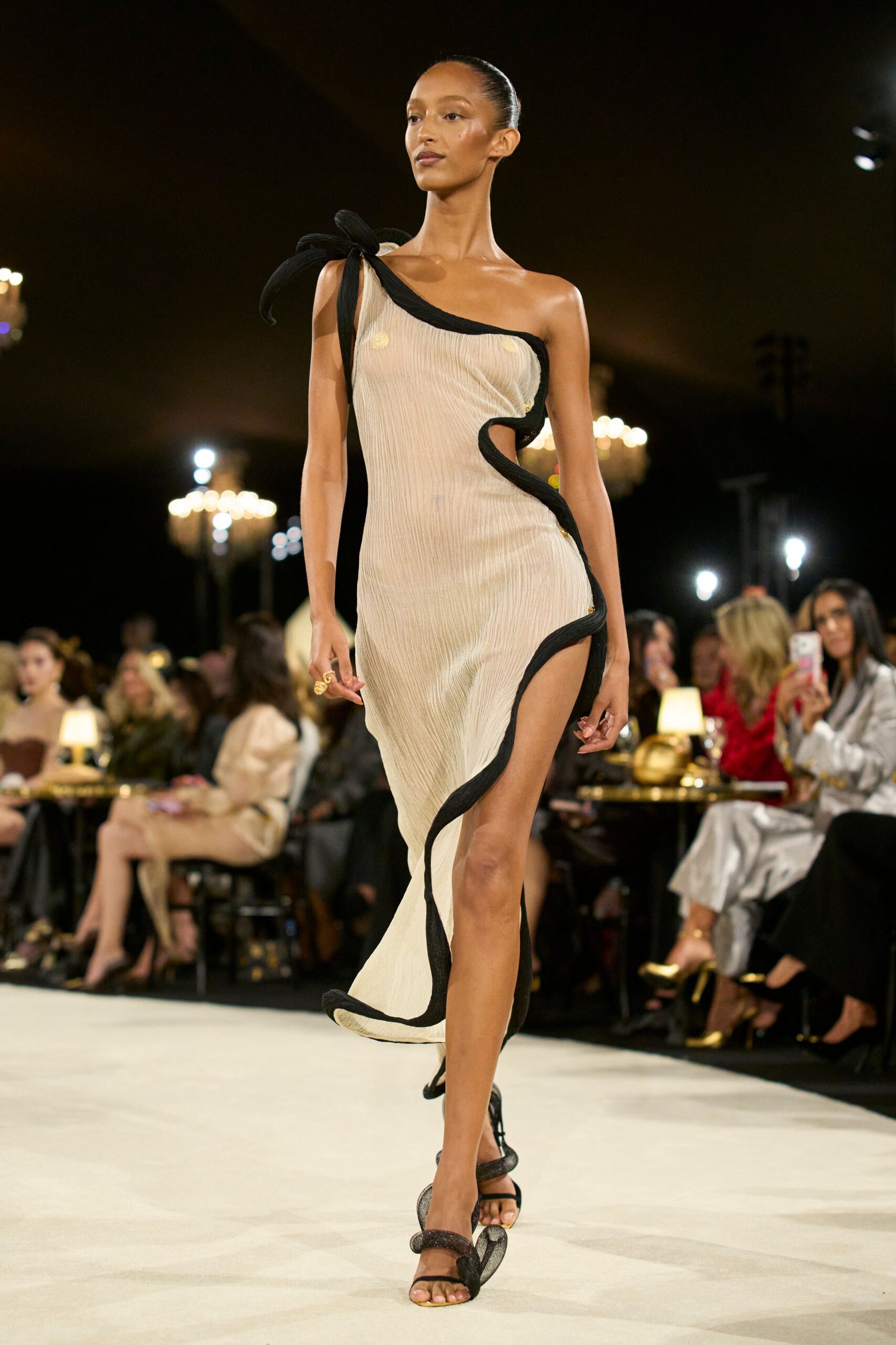 one-shoulder cutout evening gown