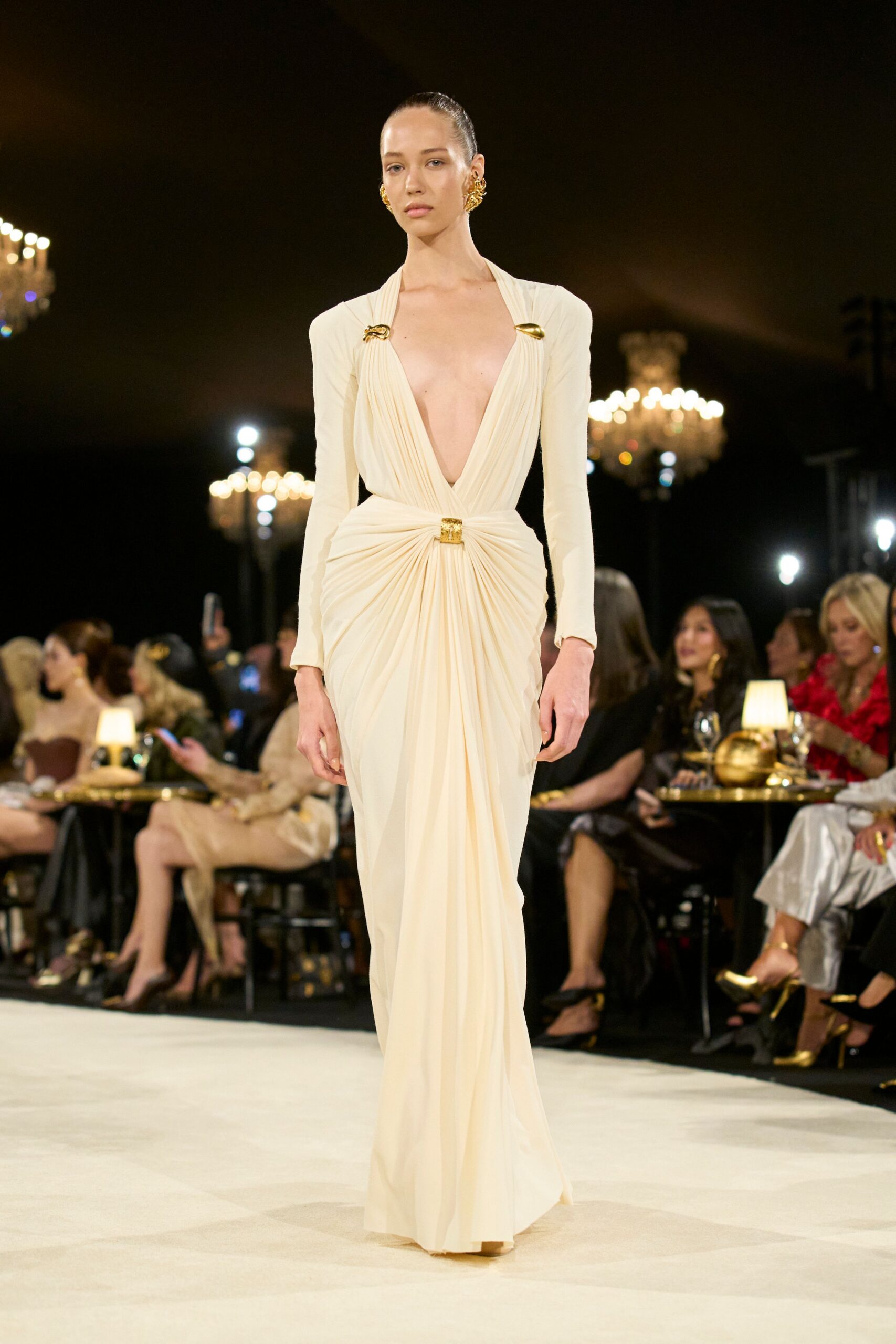 plunging ivory draped evening gown