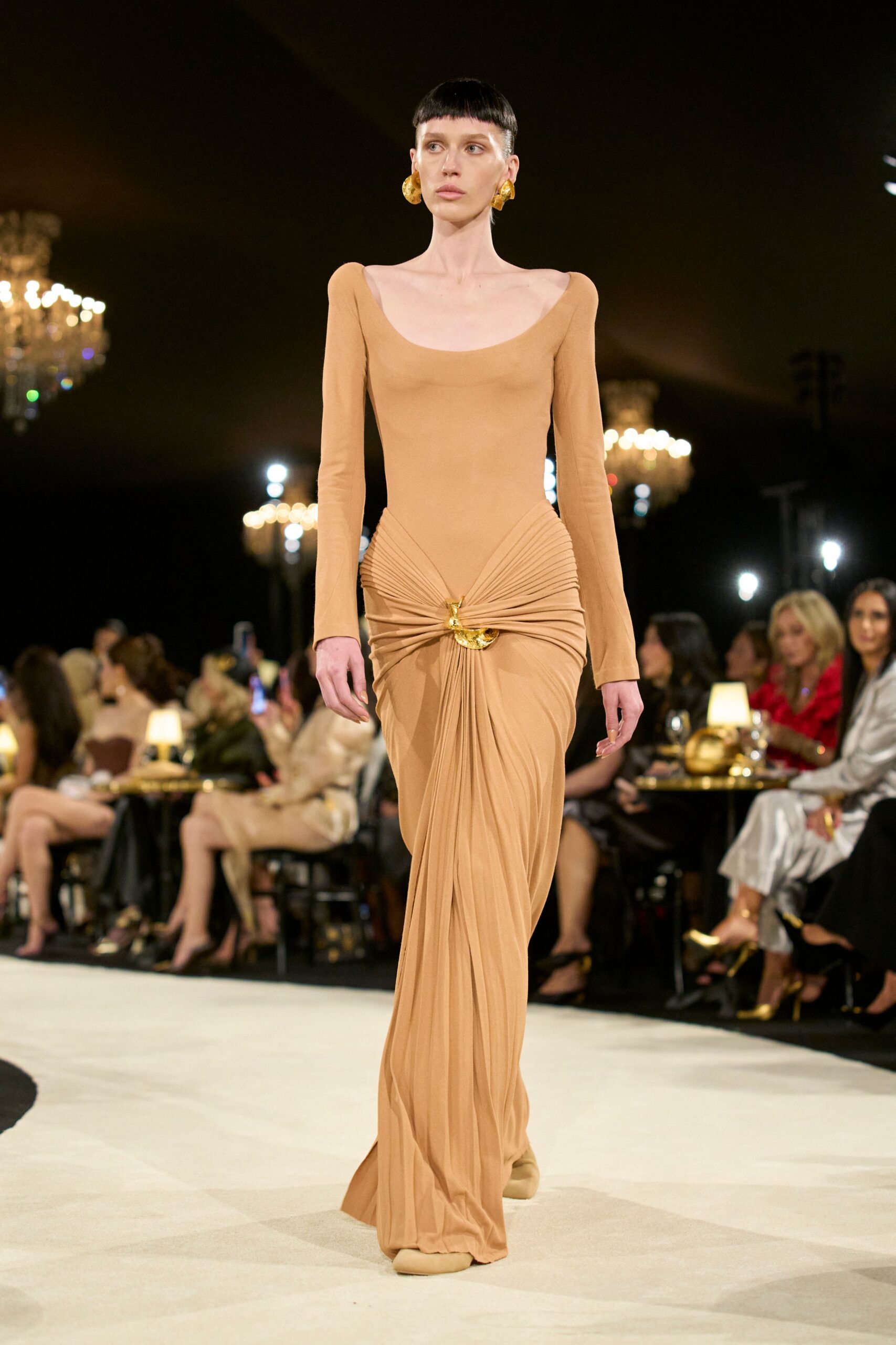 draped beige evening gown