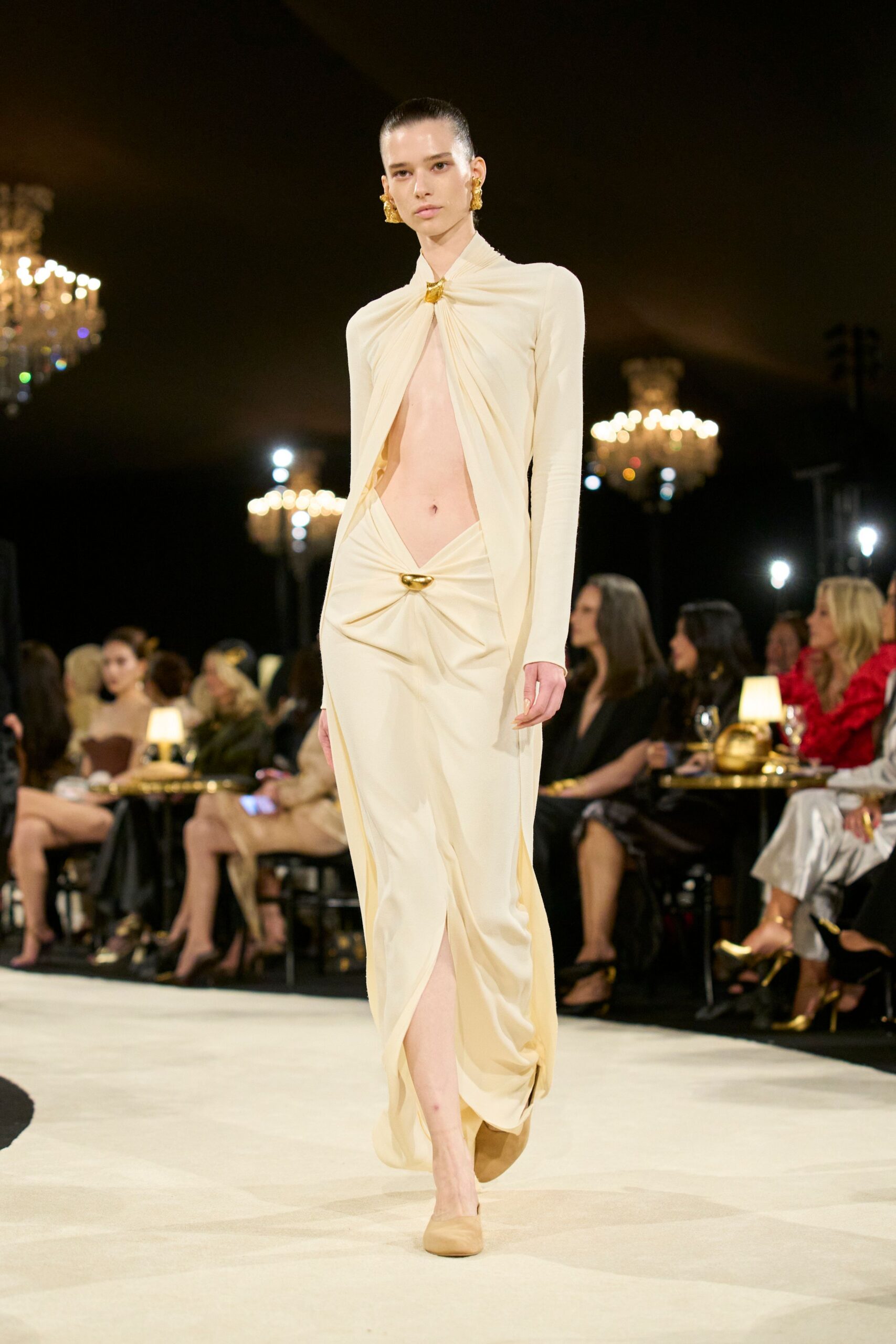 ivory draped cutout evening gown
