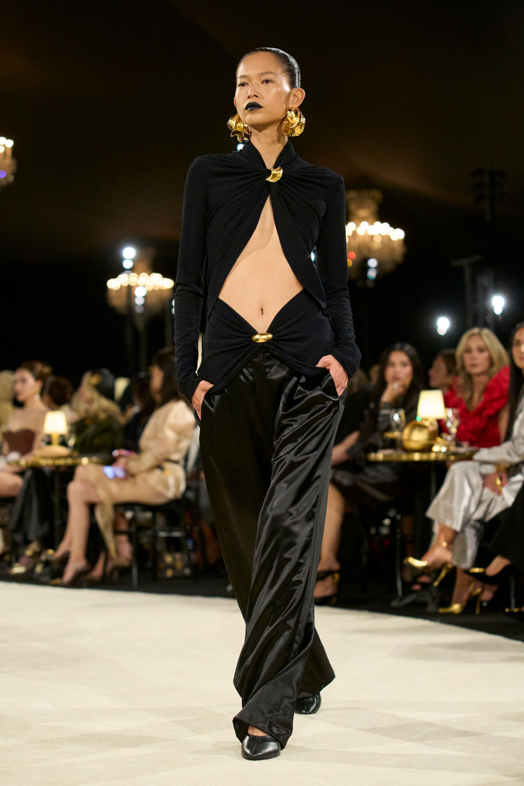 black cutout draped evening top