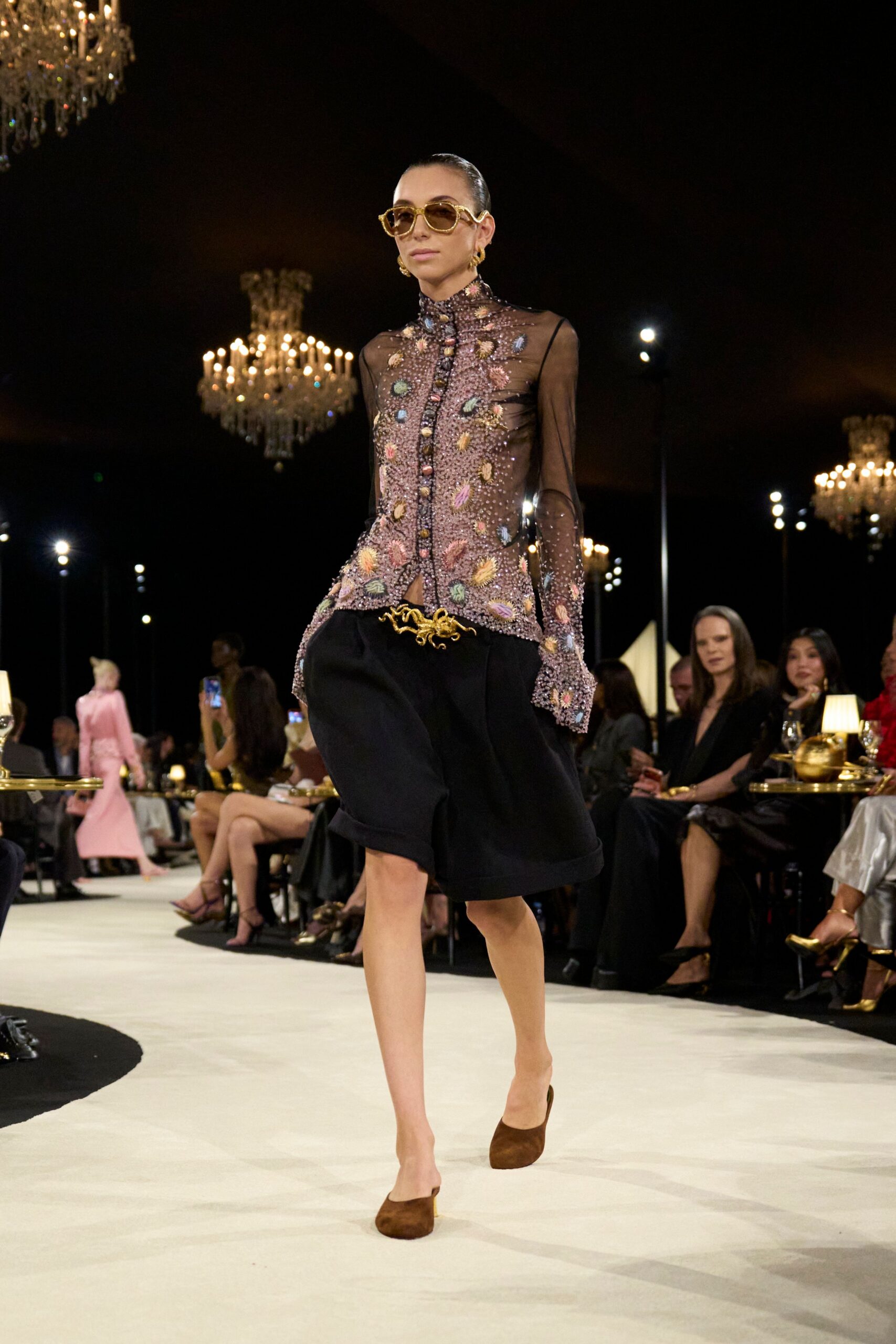 beaded sheer mesh high-neck blouse