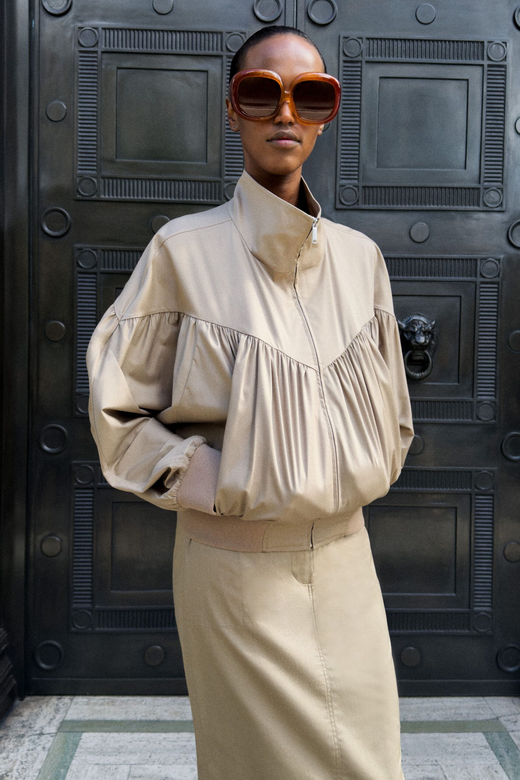 beige gathered bomber jacket