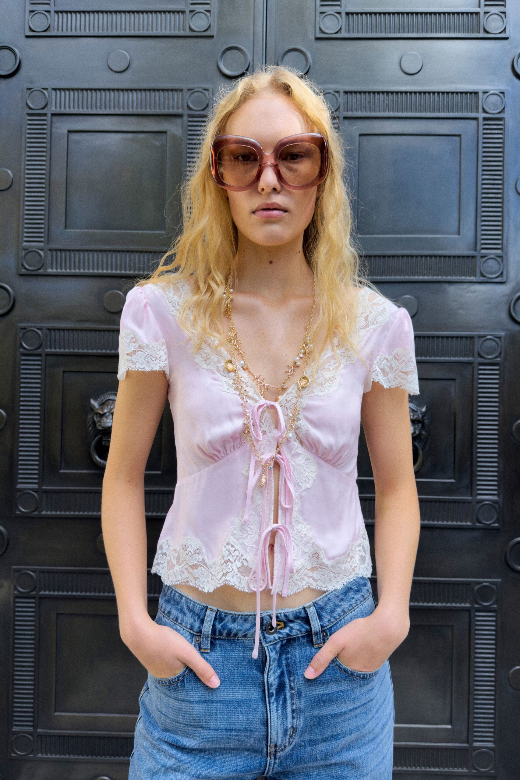 pink lace tie-front blouse