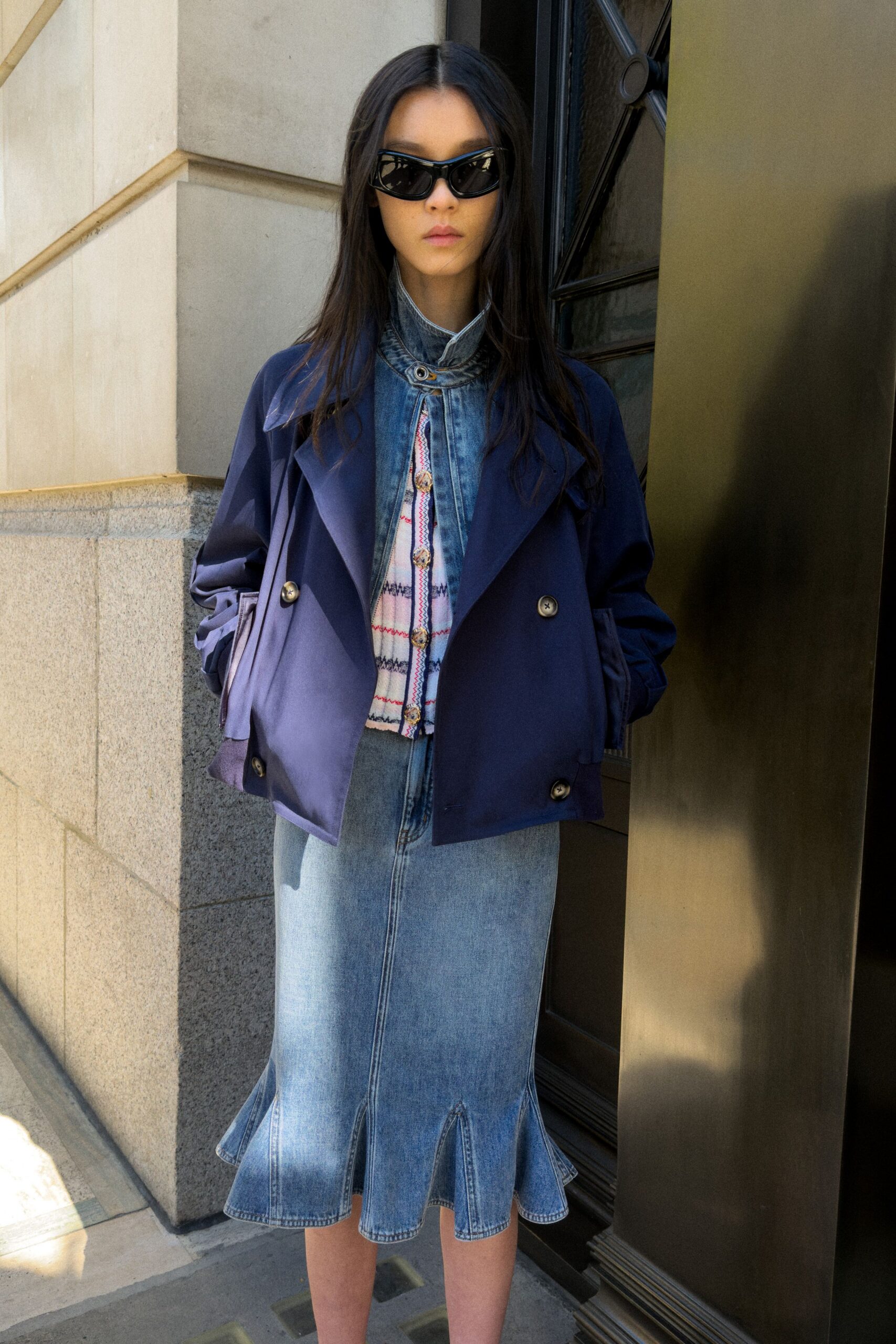 ruffle-hem denim midi skirt