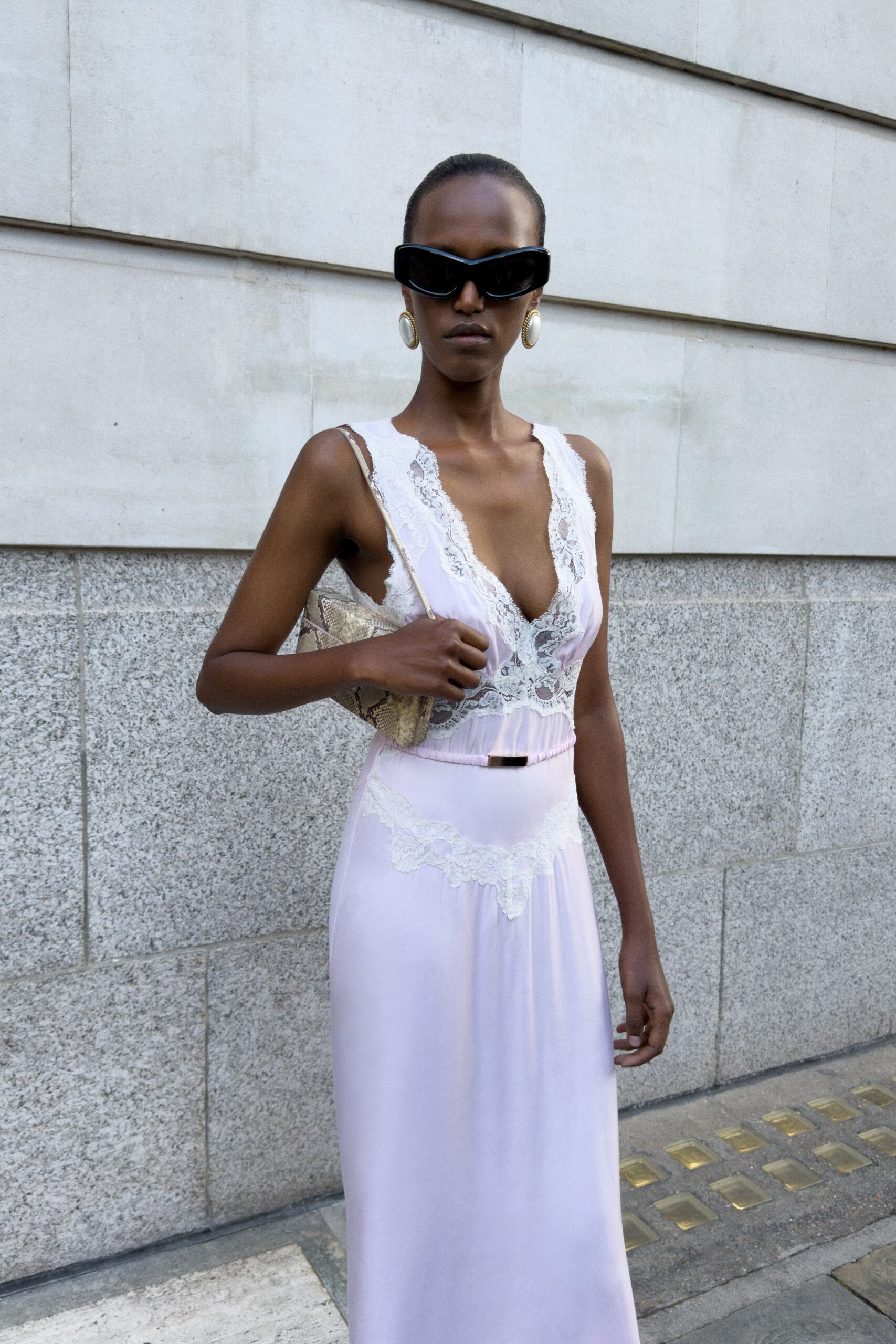 lavender lace-trim slip maxi dress
