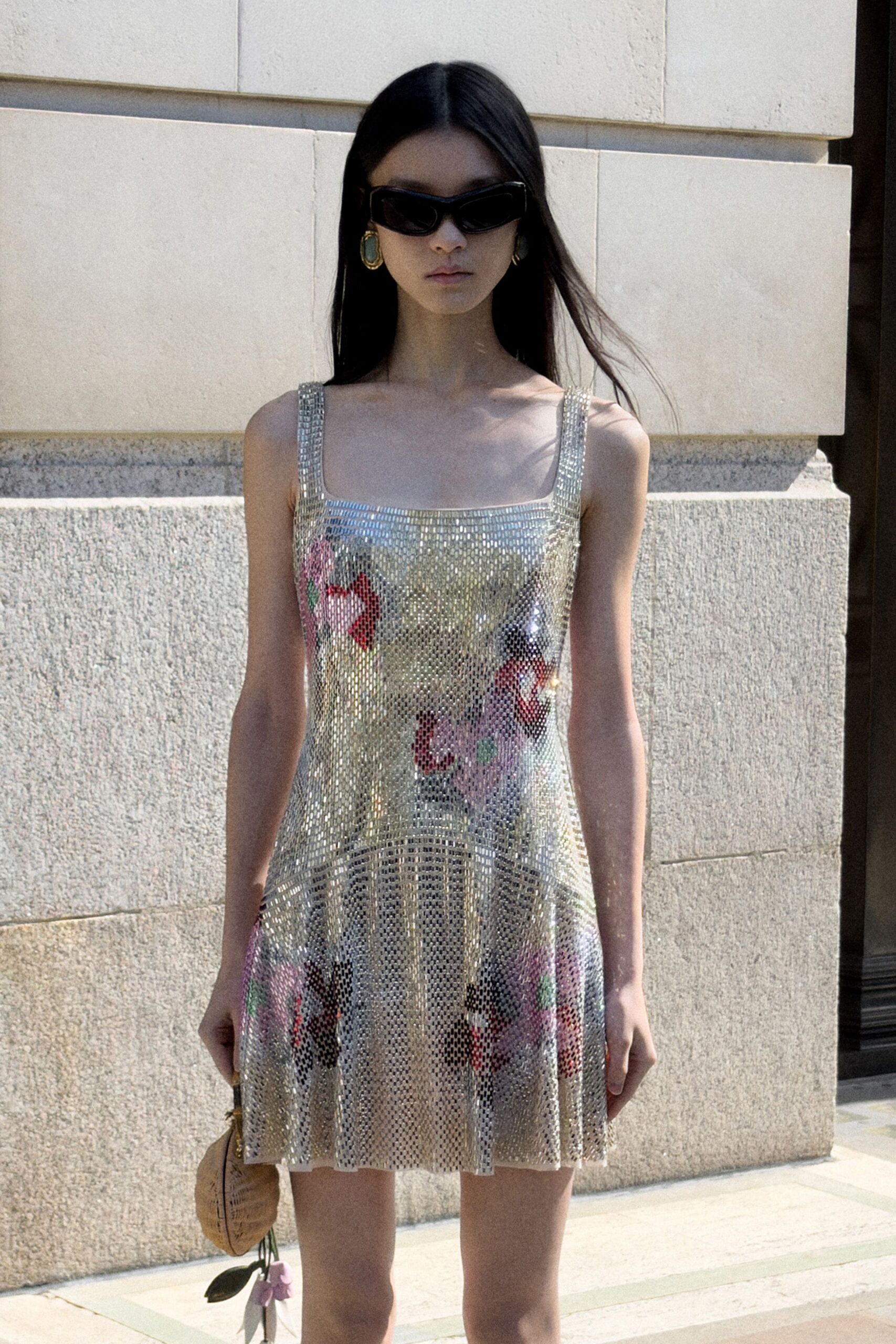 gold metallic sleeveless square-neck floral flared mini-dress