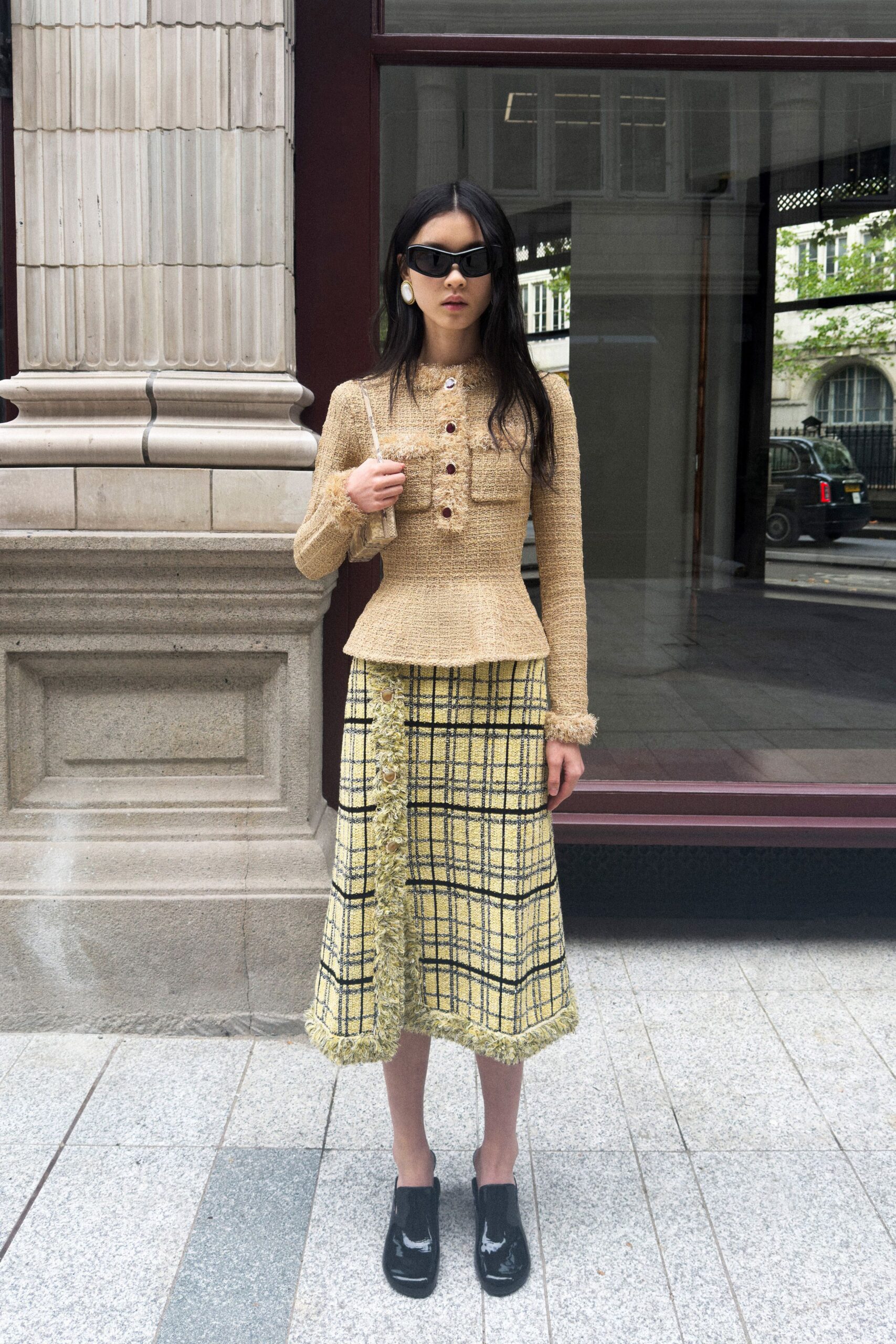 yellow checked tweed midi skirt