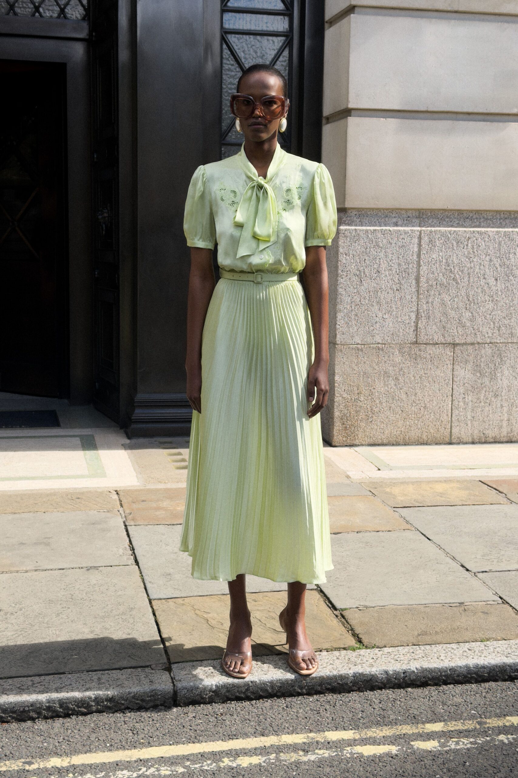 pale green pussy-bow blouse