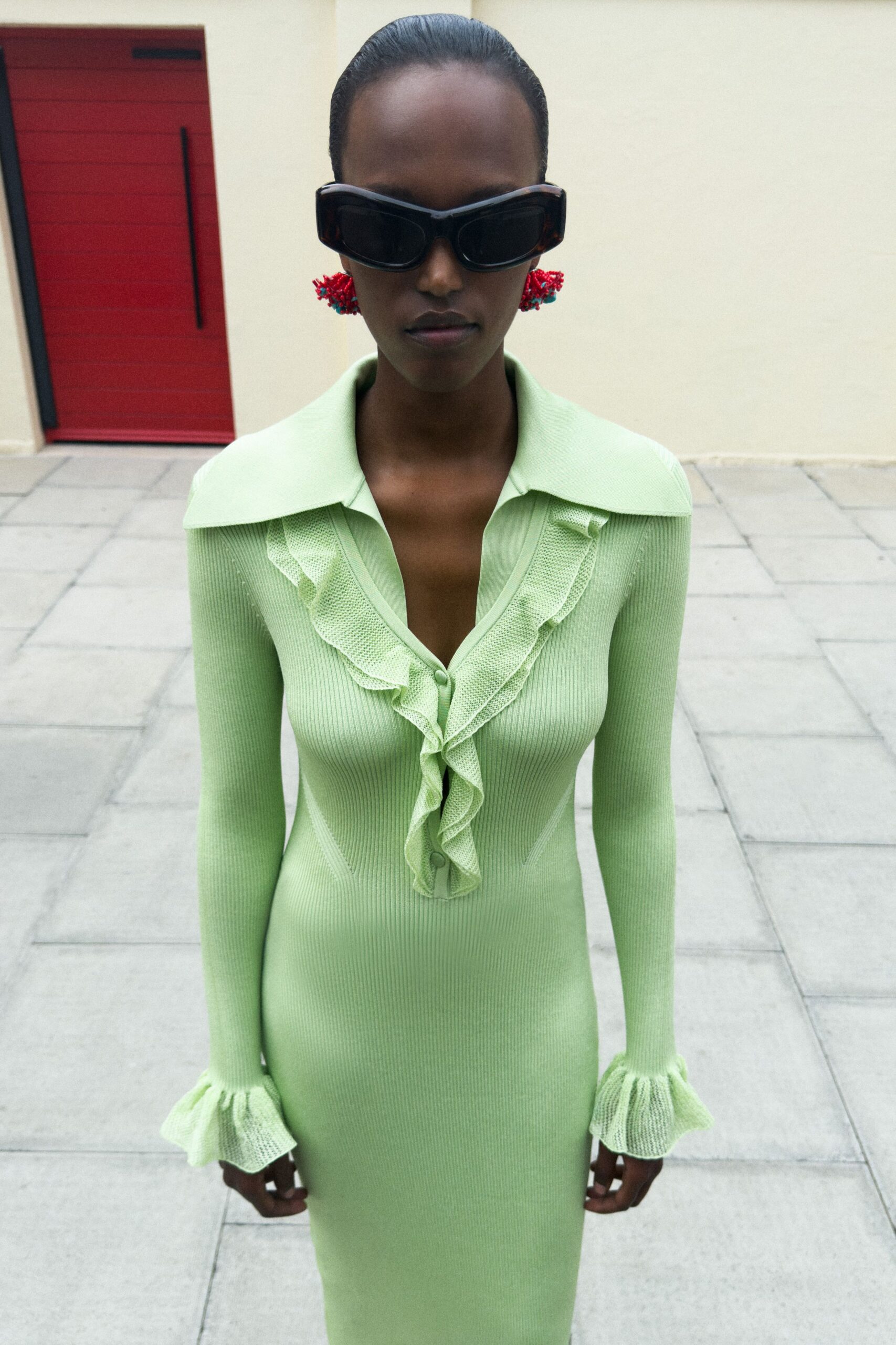 mint green ruffle-front knit maxi dress
