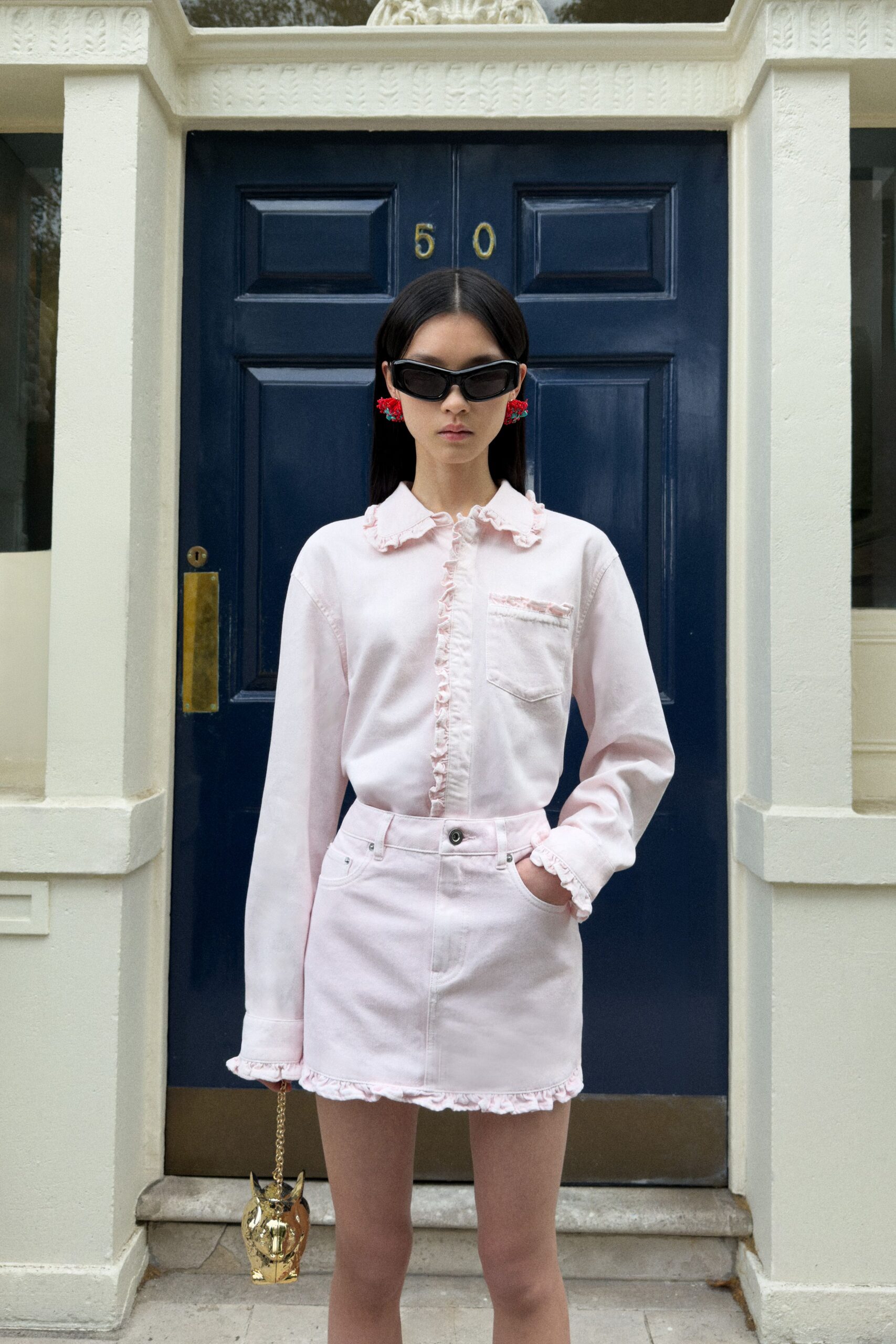 ruffle-trim pink satin shirt