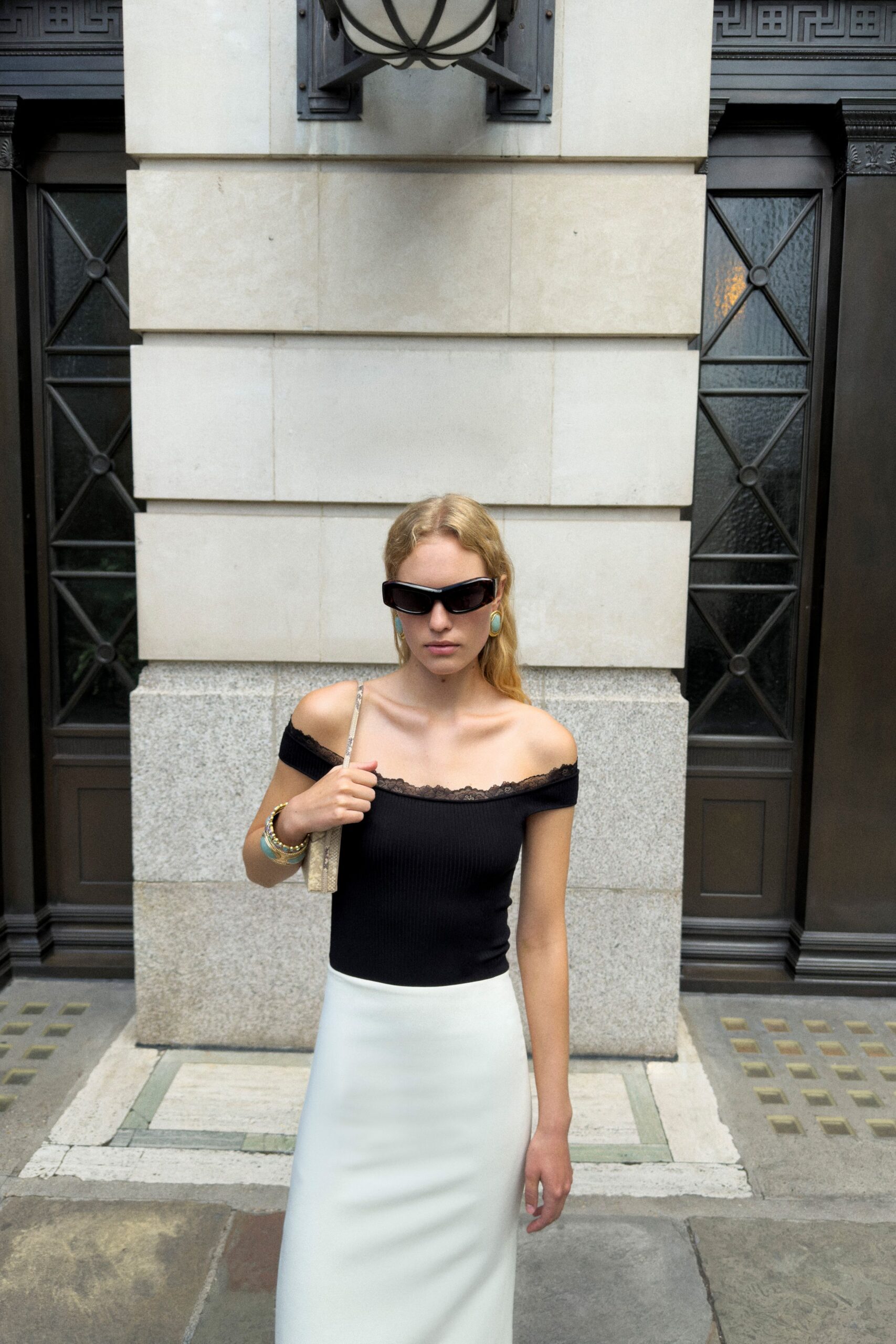 black off-shoulder lace-trim knit top