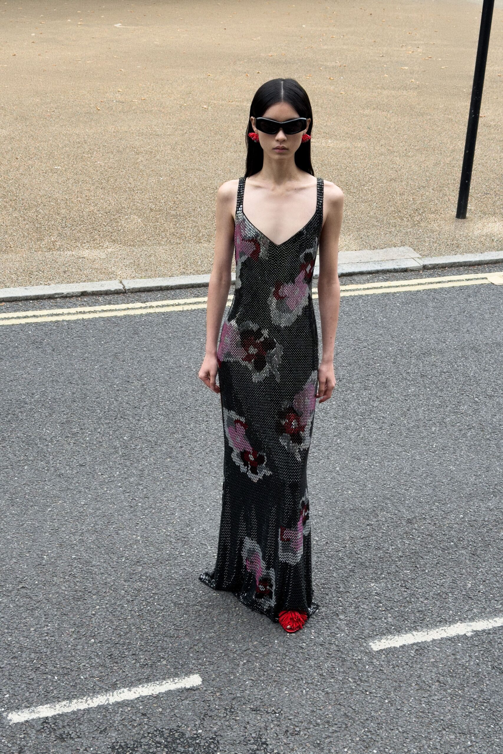 sequined floral slip evening gown