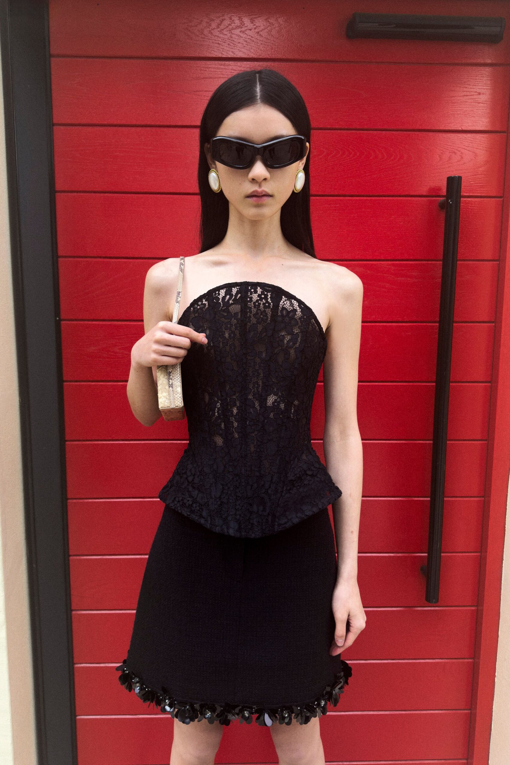 black strapless lace mini dress