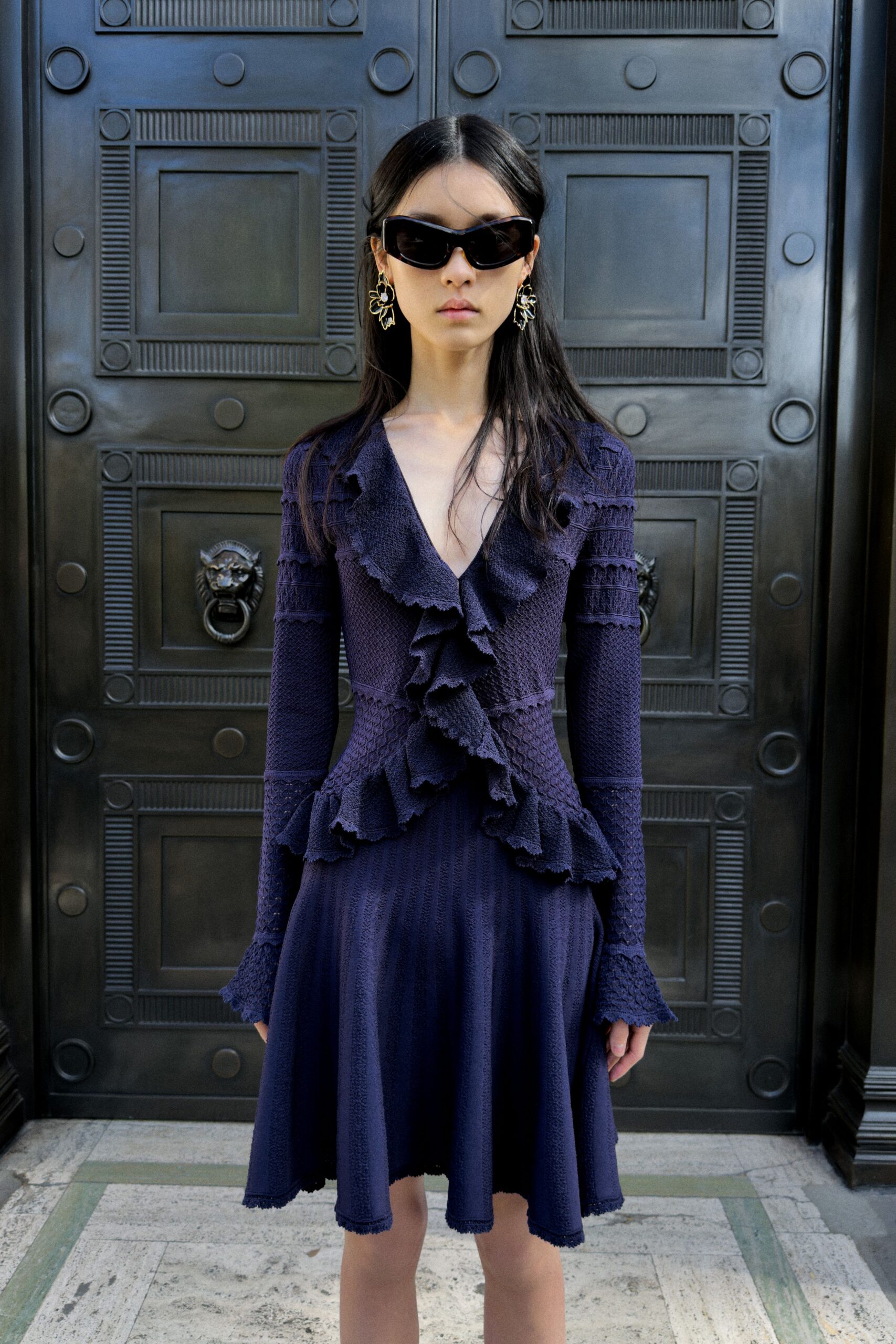ruffled navy knit midi dress