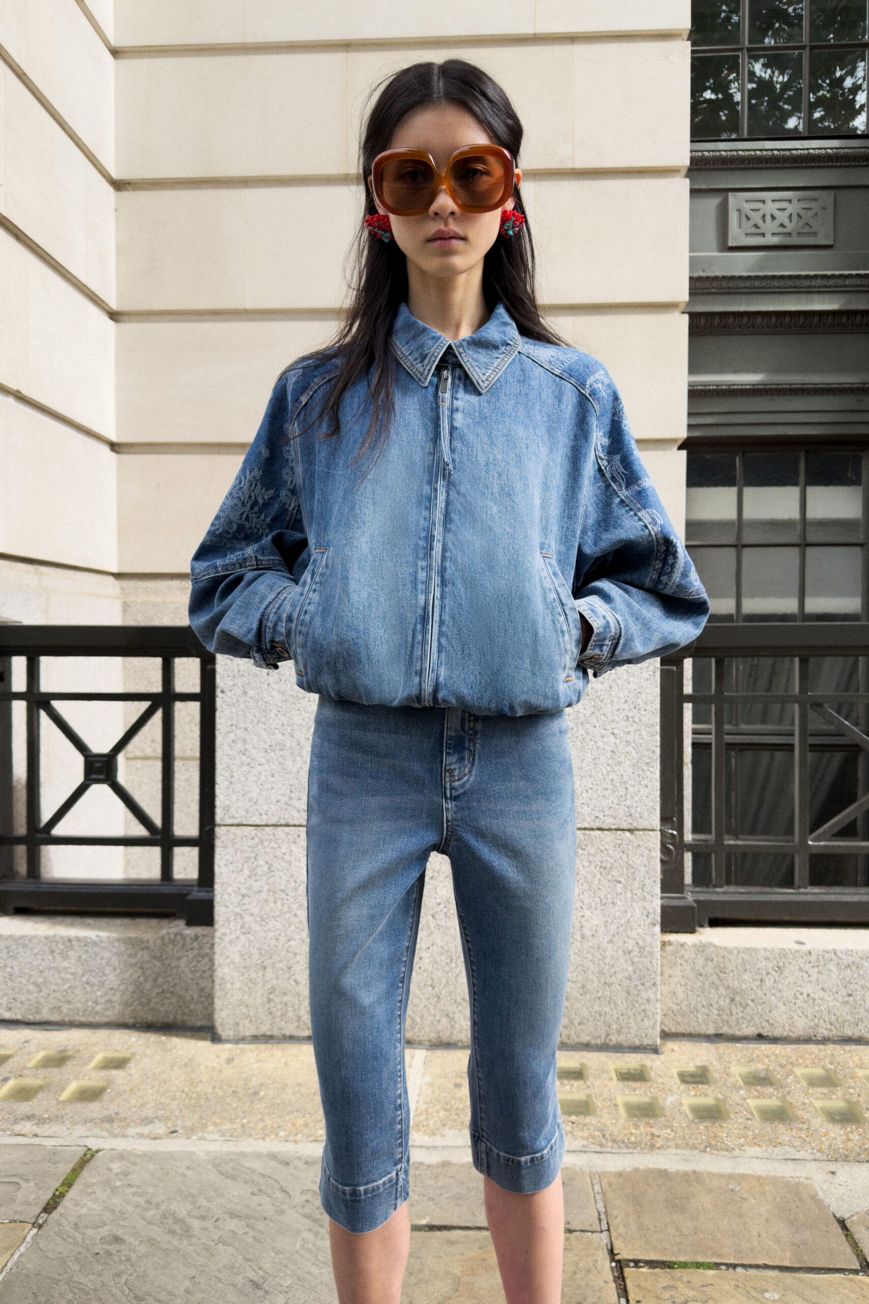 cropped denim bomber jacket