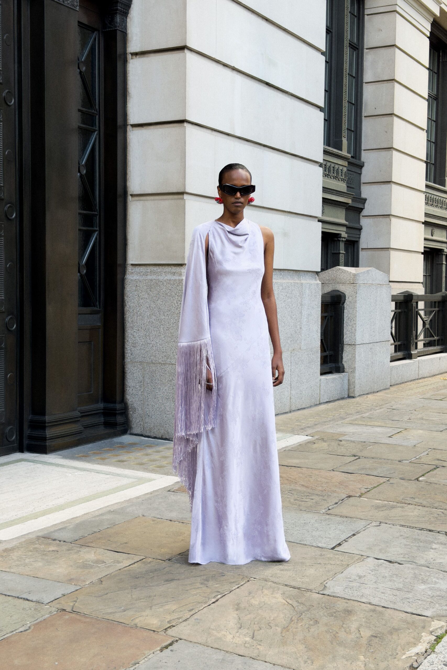 lavender one-sleeve fringe evening gown