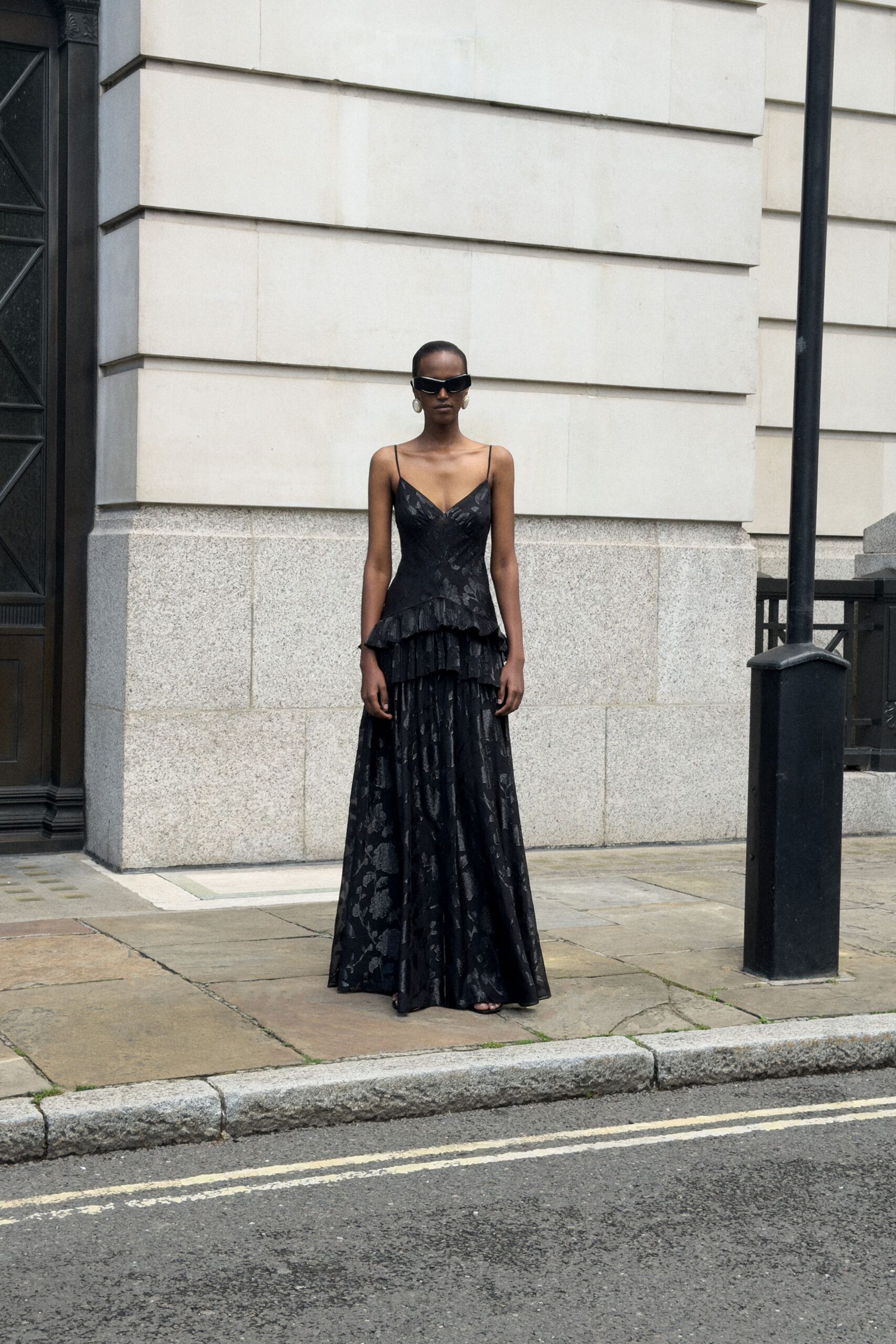 black floral jacquard tiered evening gown