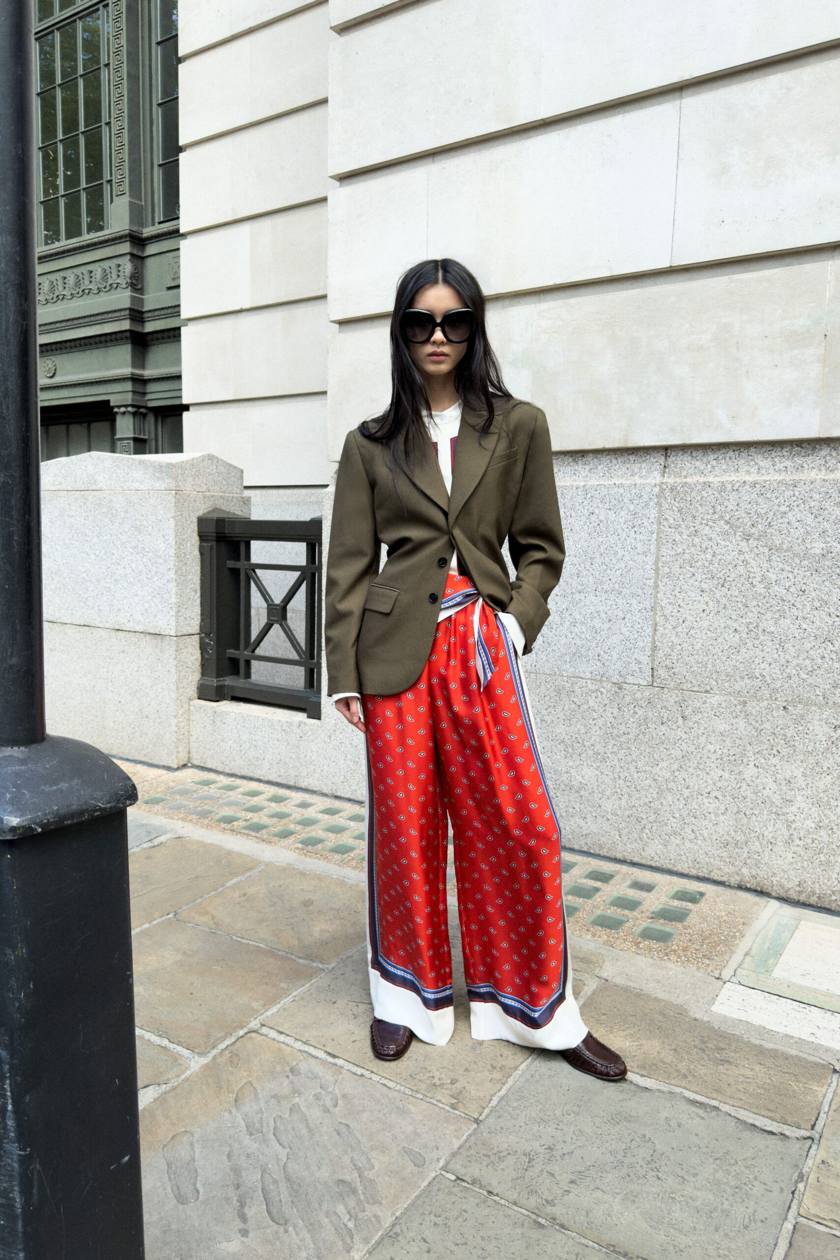 red silk printed wide-leg flowing shiny pants